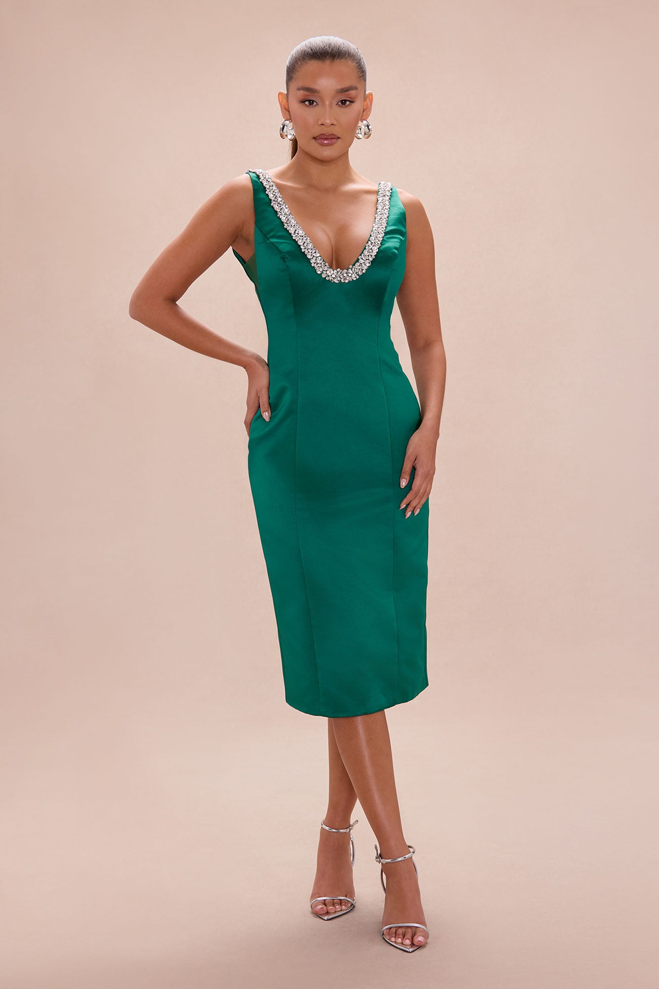 Mariah Rhinestone Satin Midi Dress - Hunter