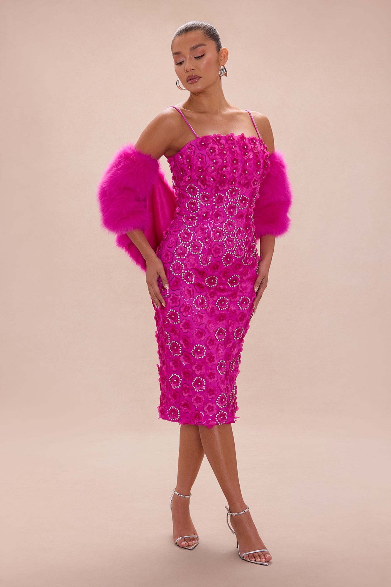 Pretty Petals Rhinestone Midi Dress - Hot Pink