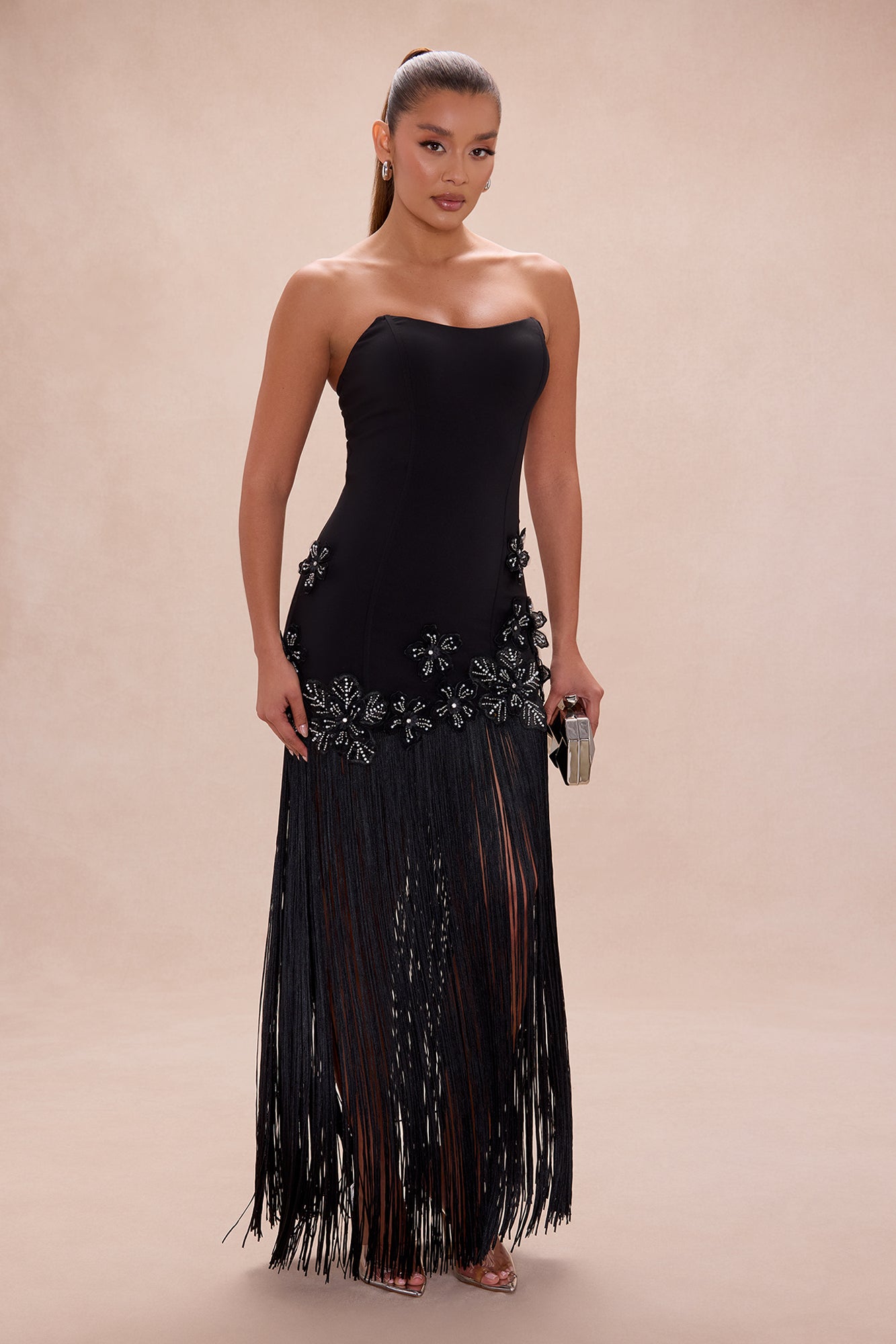 Rylnn Strapless Fringe Maxi Dress - Black