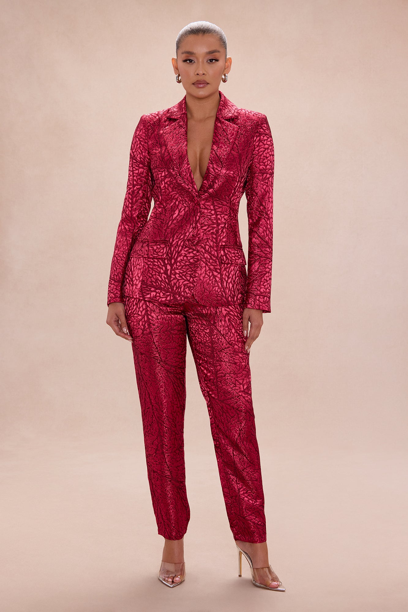 Blaire Jacquard Blazer Pant Set - Burgundy/combo