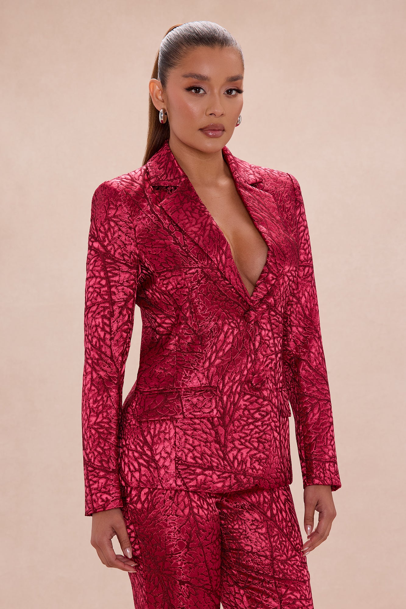 Blaire Jacquard Blazer Pant Set - Burgundy/combo
