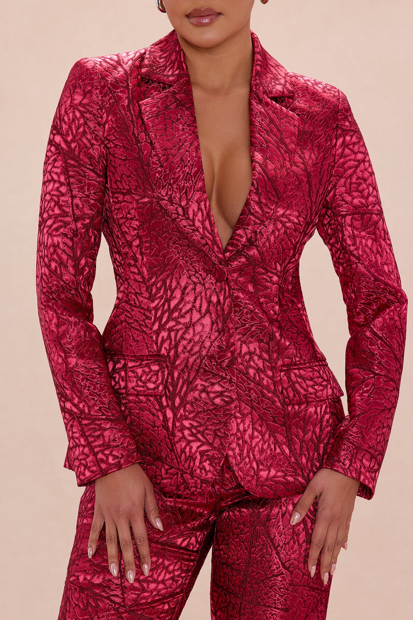 Blaire Jacquard Blazer Pant Set - Burgundy/combo
