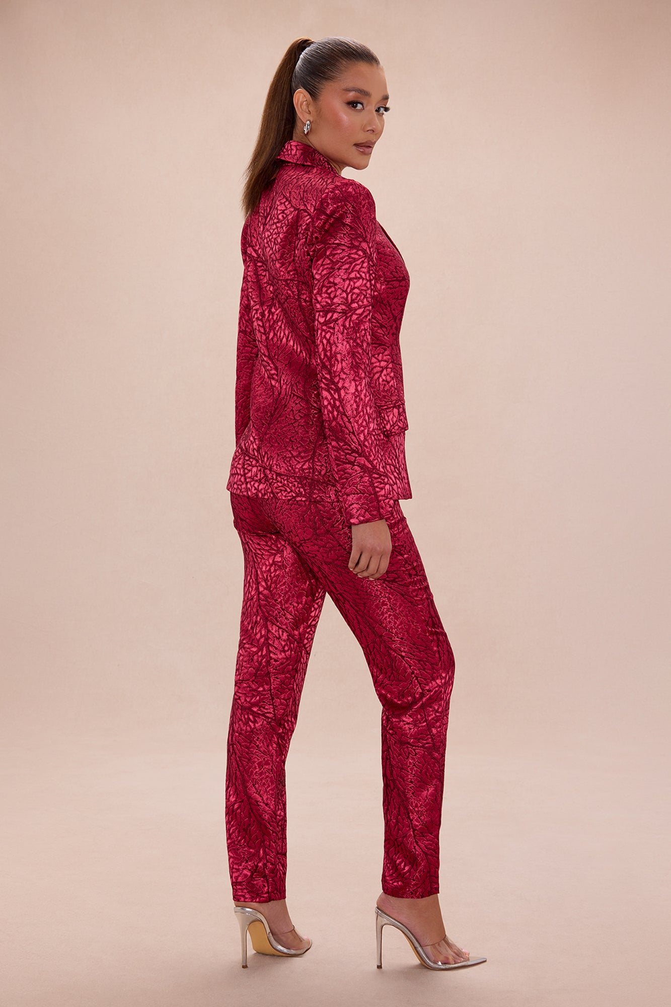 Blaire Jacquard Blazer Pant Set - Burgundy/combo