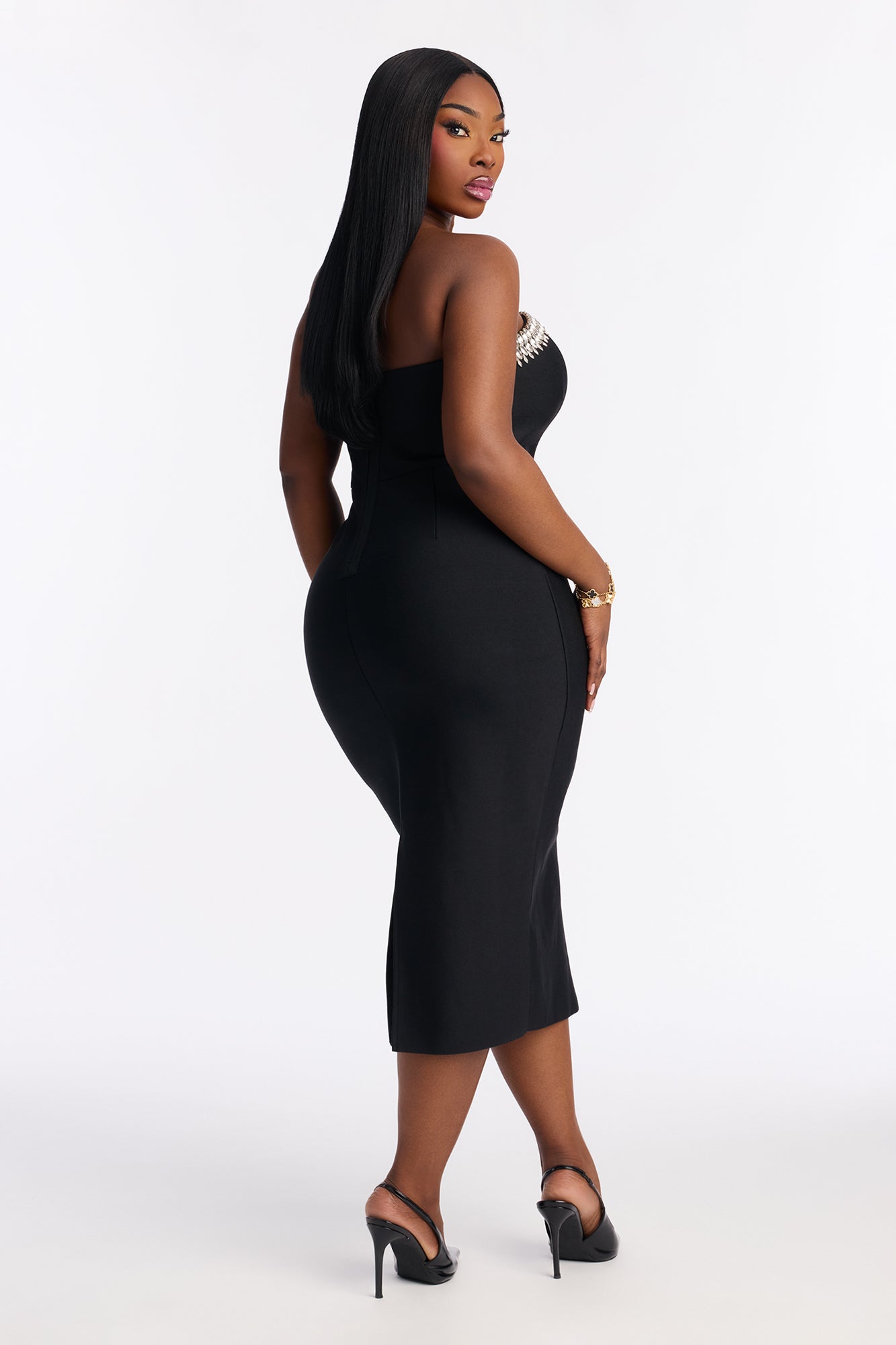 Liora Rhinestone Trim Bandage Midi Dress - Black
