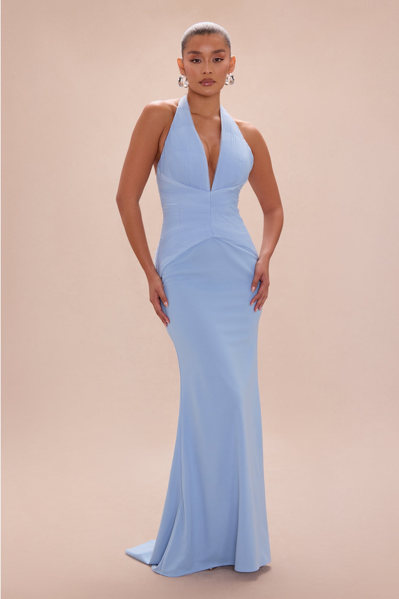 Madeline Ruched Halter Maxi Dress - Dusty Blue