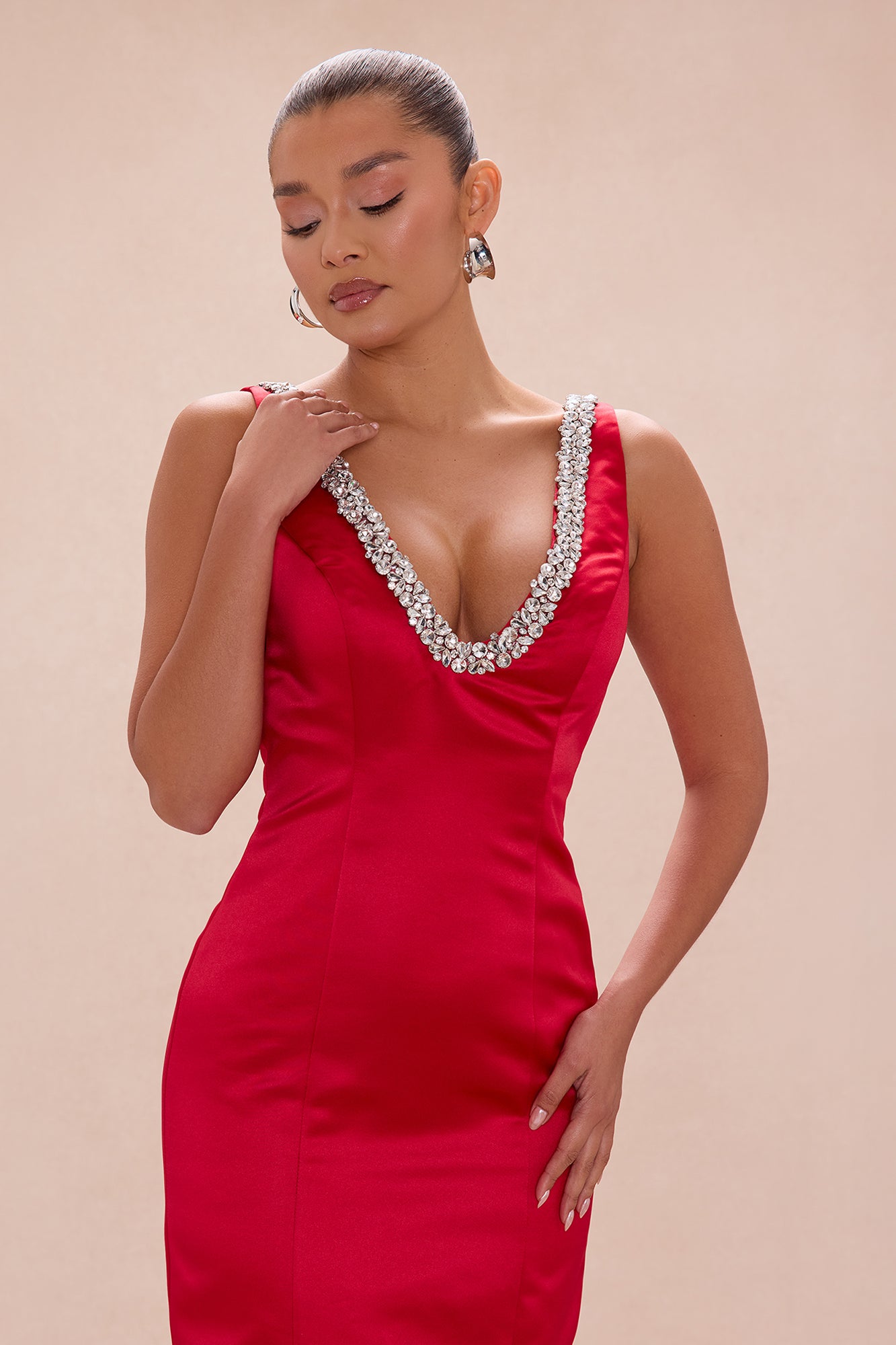 Mariah Rhinestone Satin Midi Dress - Red