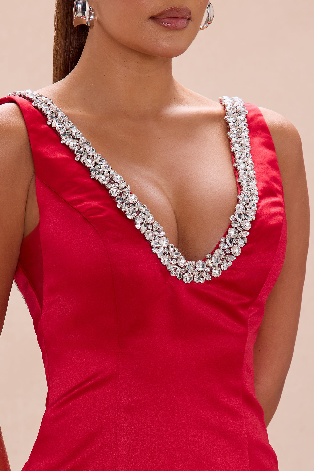 Mariah Rhinestone Satin Midi Dress - Red