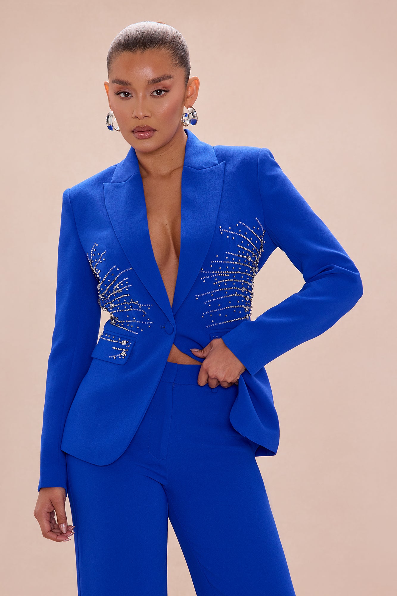 Riley Embellished Blazer Pant Set - Royal