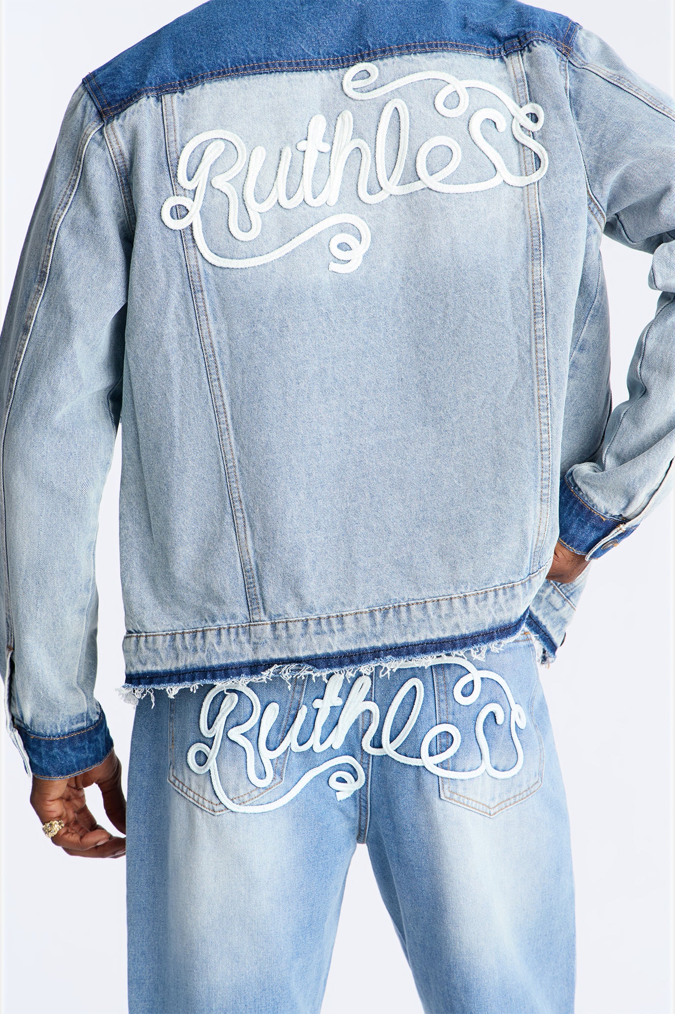 Ruthless Back Hit Denim Trucker Jacket - Light Blue Wash