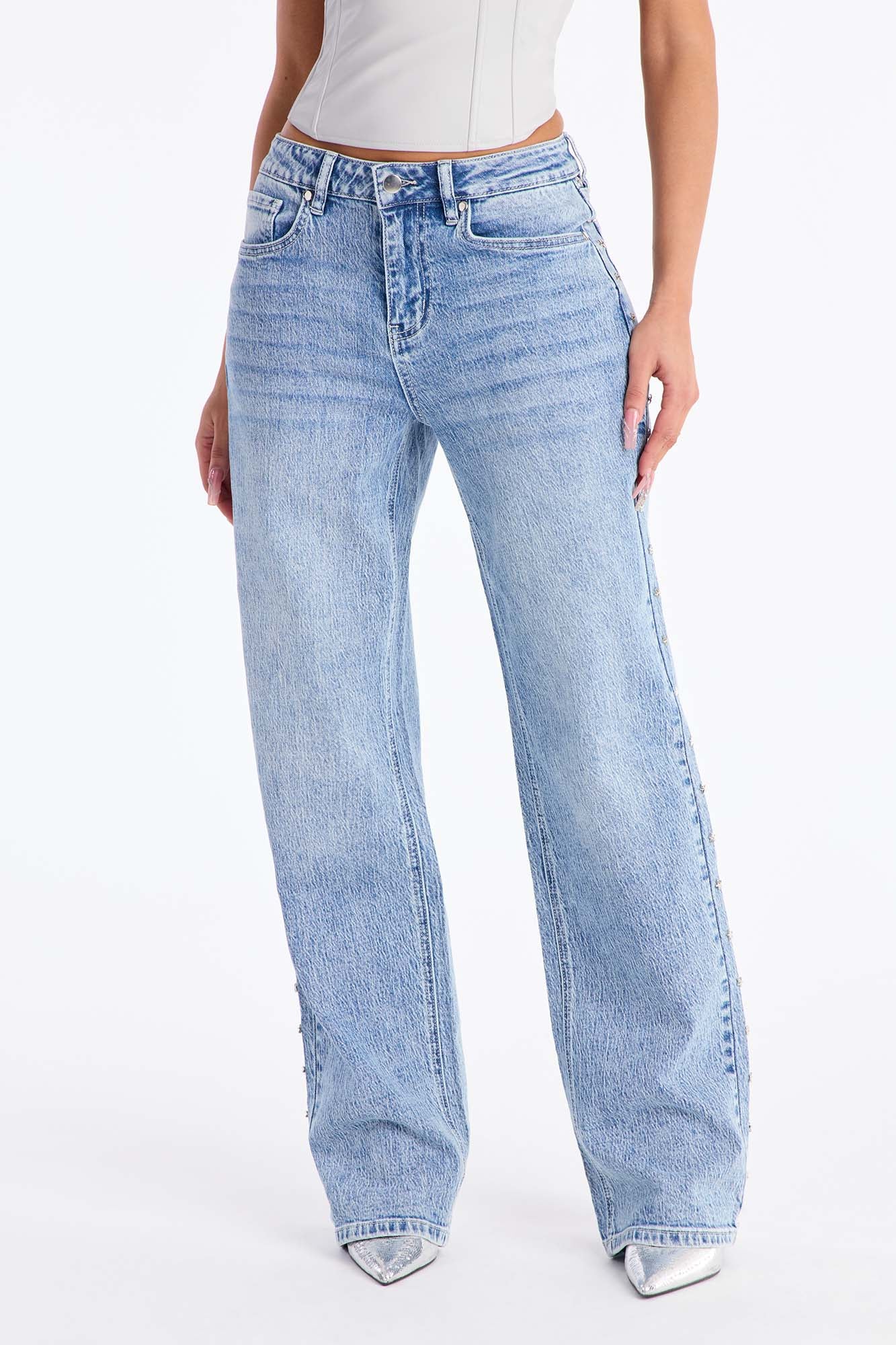 Shining Star Embellished Straight Leg Jeans - Medium Wash