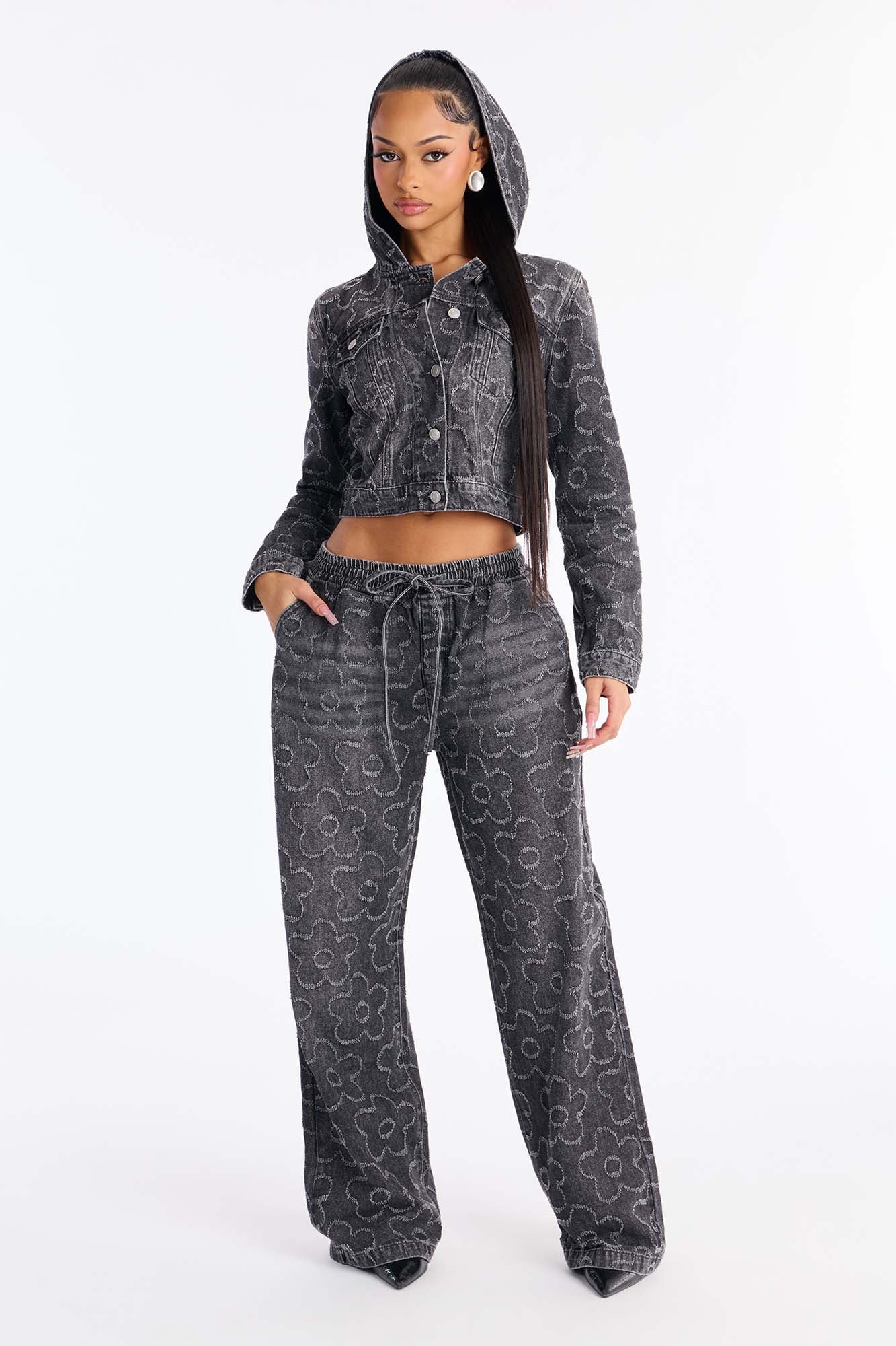 Flower Power Pull On Tie Waist Straight Leg Jeans - Dark Grey