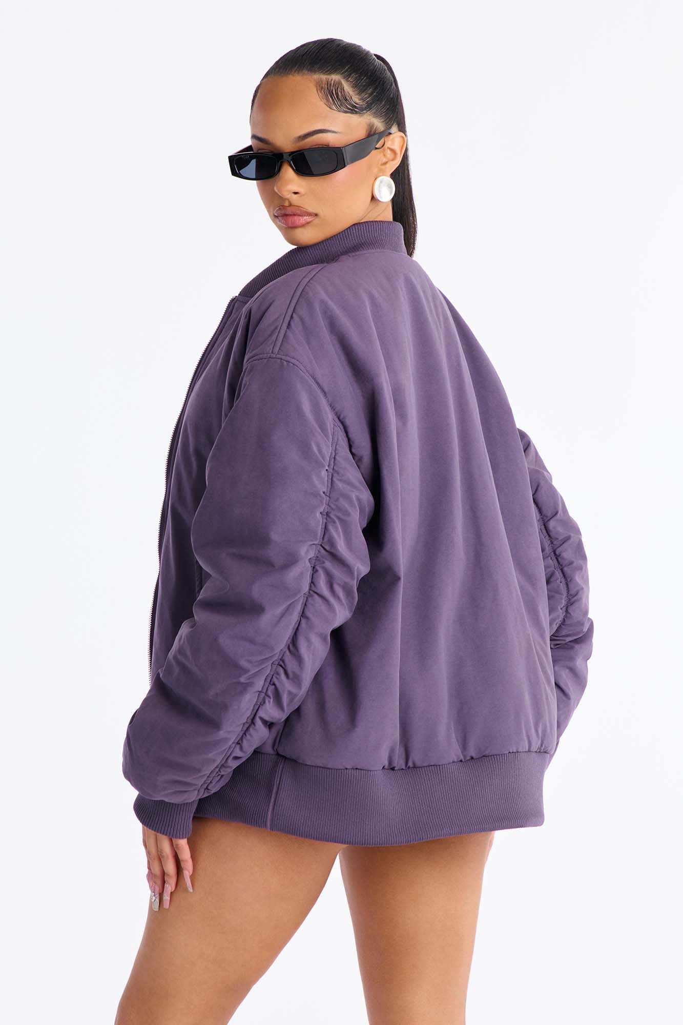 Juno Oversized Barrel Sleeve Bomber Jacket - Eggplant