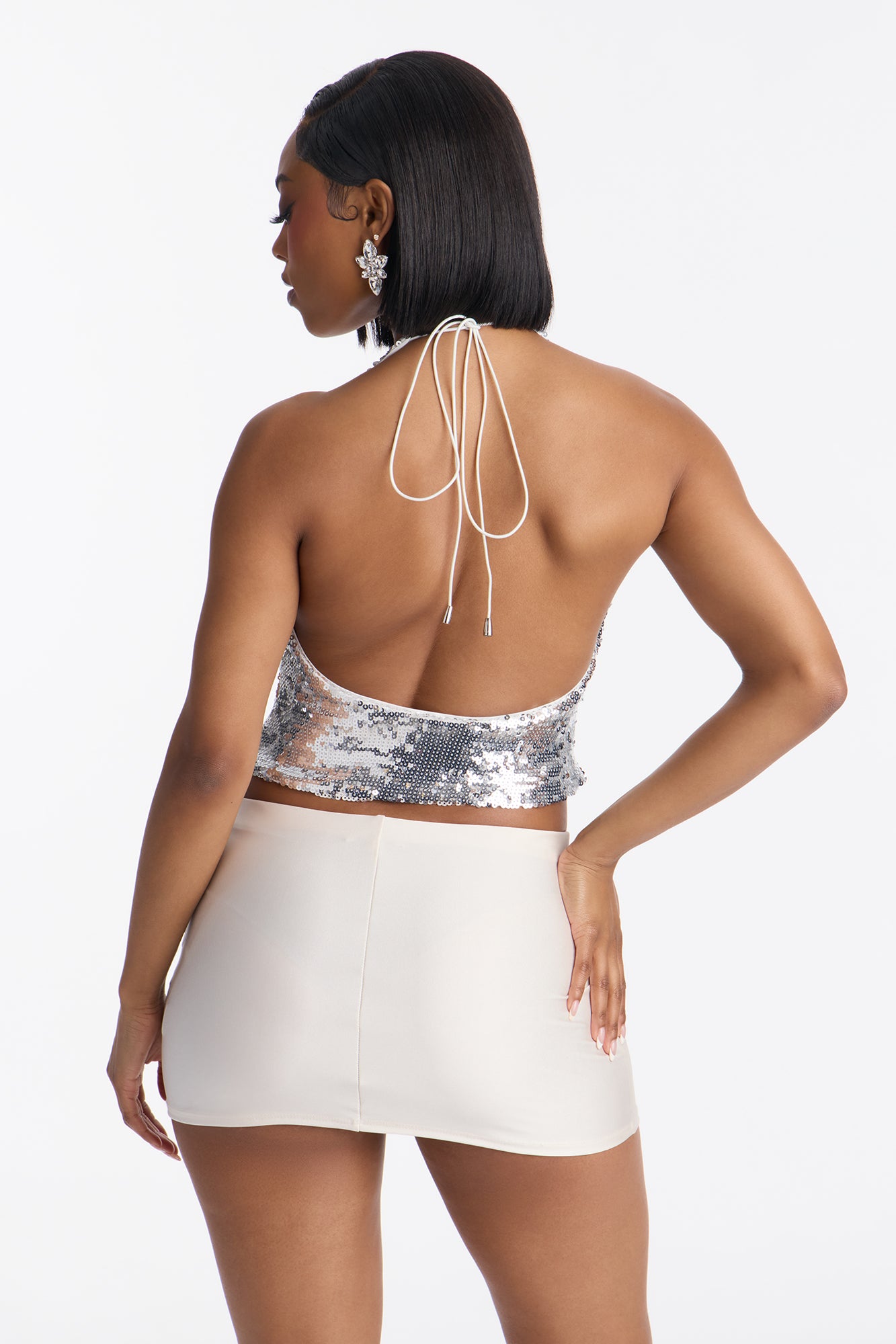 Coco Sequin V Neck Halter Top - Silver