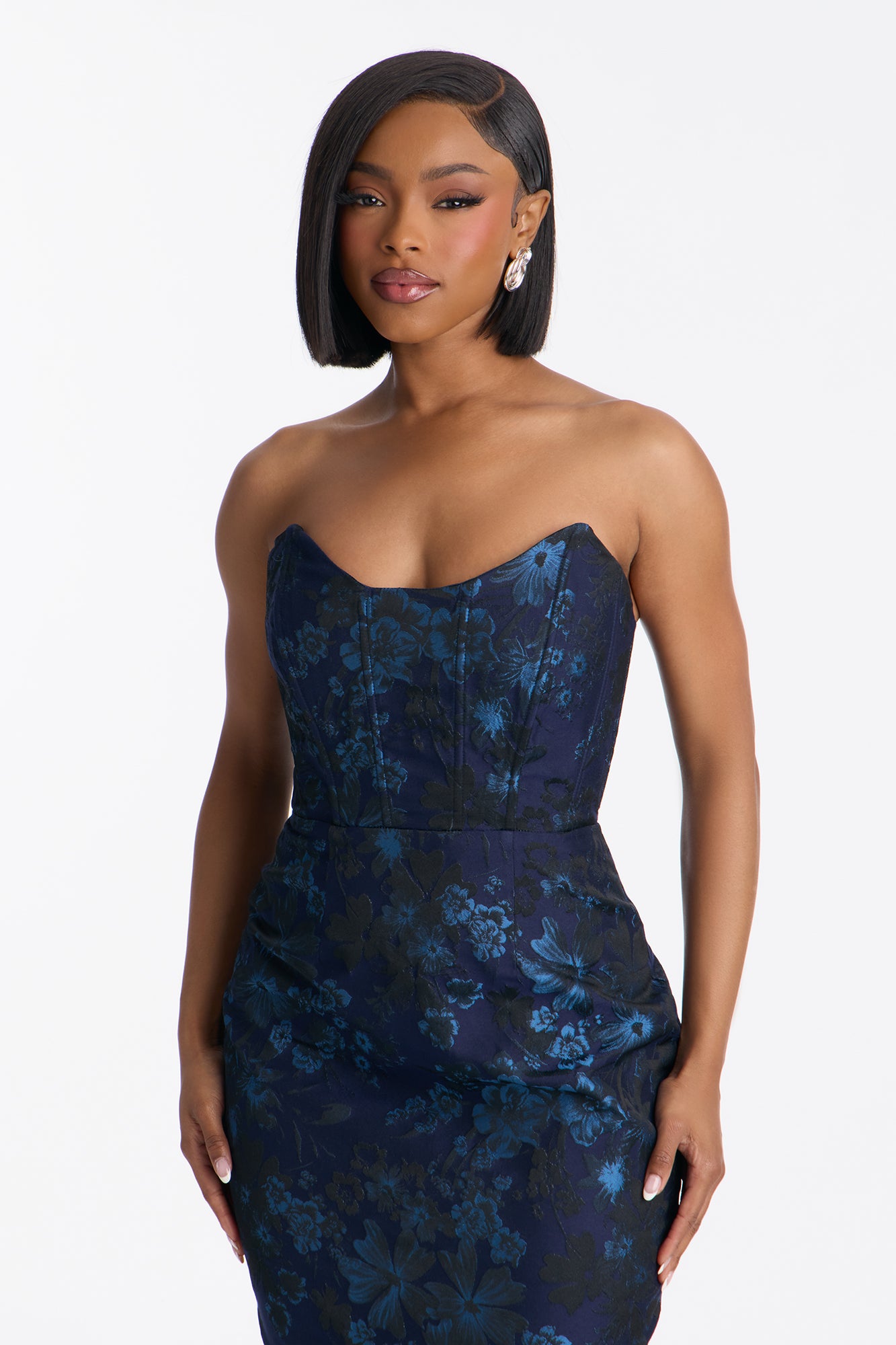 Adeline Corset Waist Jacquard Midi Dress - Navy