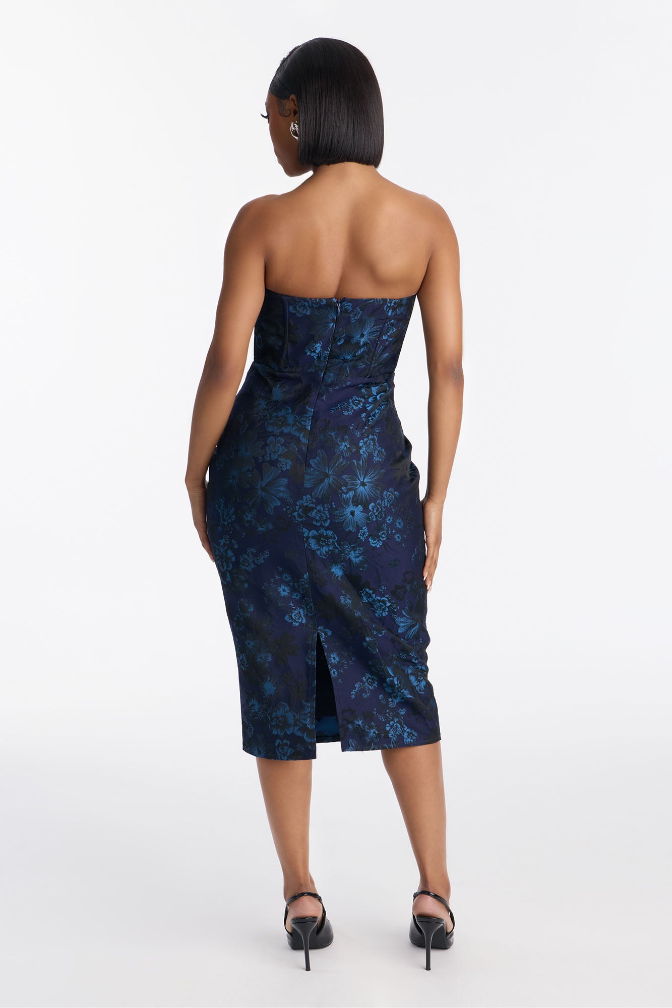 Adeline Corset Waist Jacquard Midi Dress - Navy