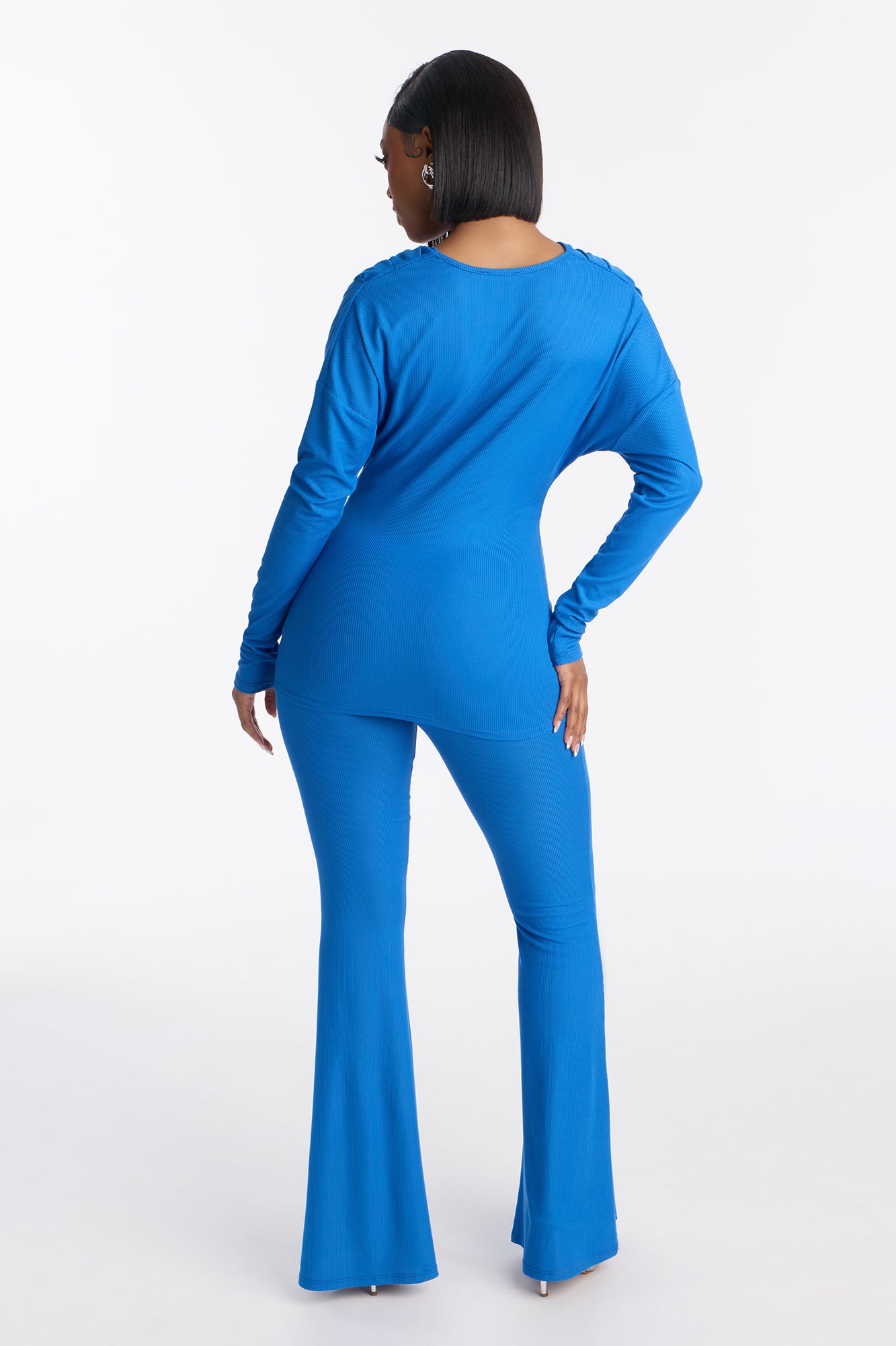 Karol Ribbed Cowl Neck Pant Set - Blue