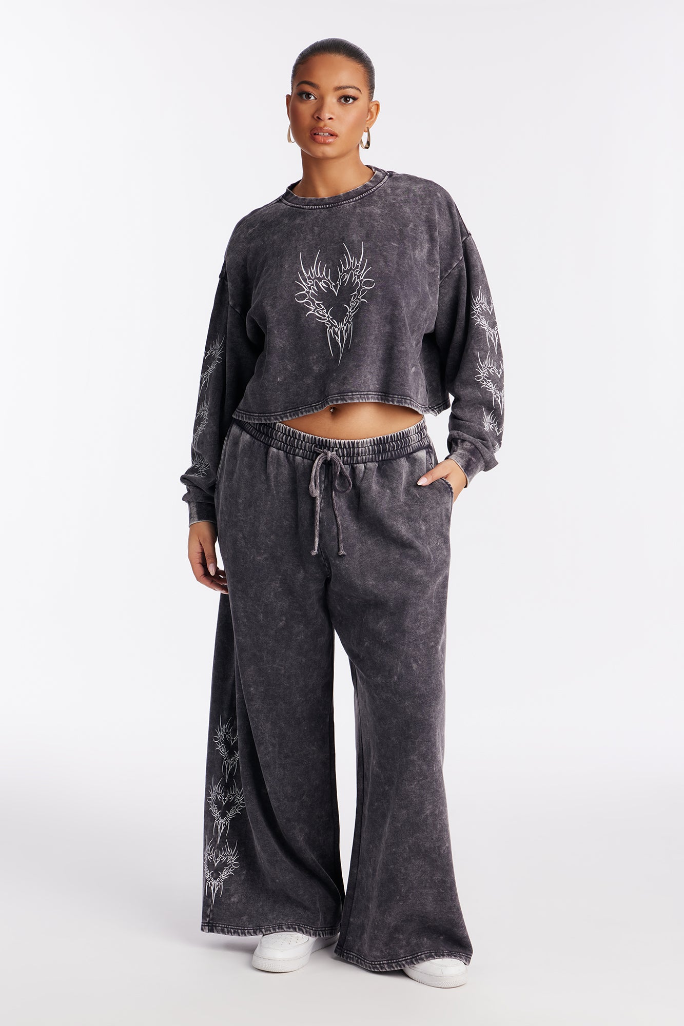 Heart Of Flames Washed Fleece Pant Set - Charcoal