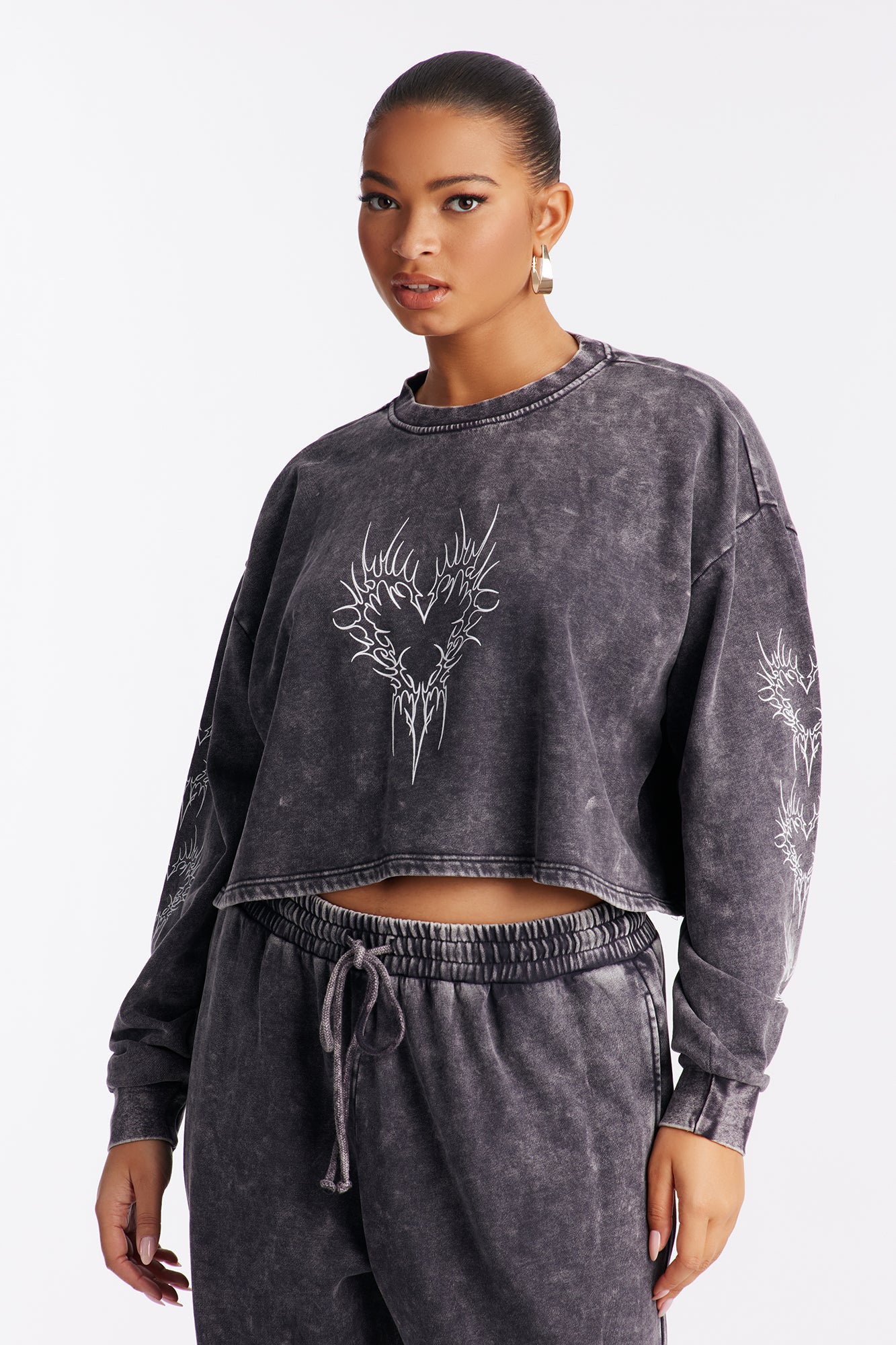 Heart Of Flames Washed Fleece Pant Set - Charcoal