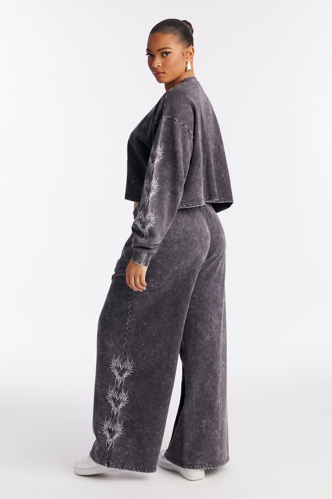 Heart Of Flames Washed Fleece Pant Set - Charcoal