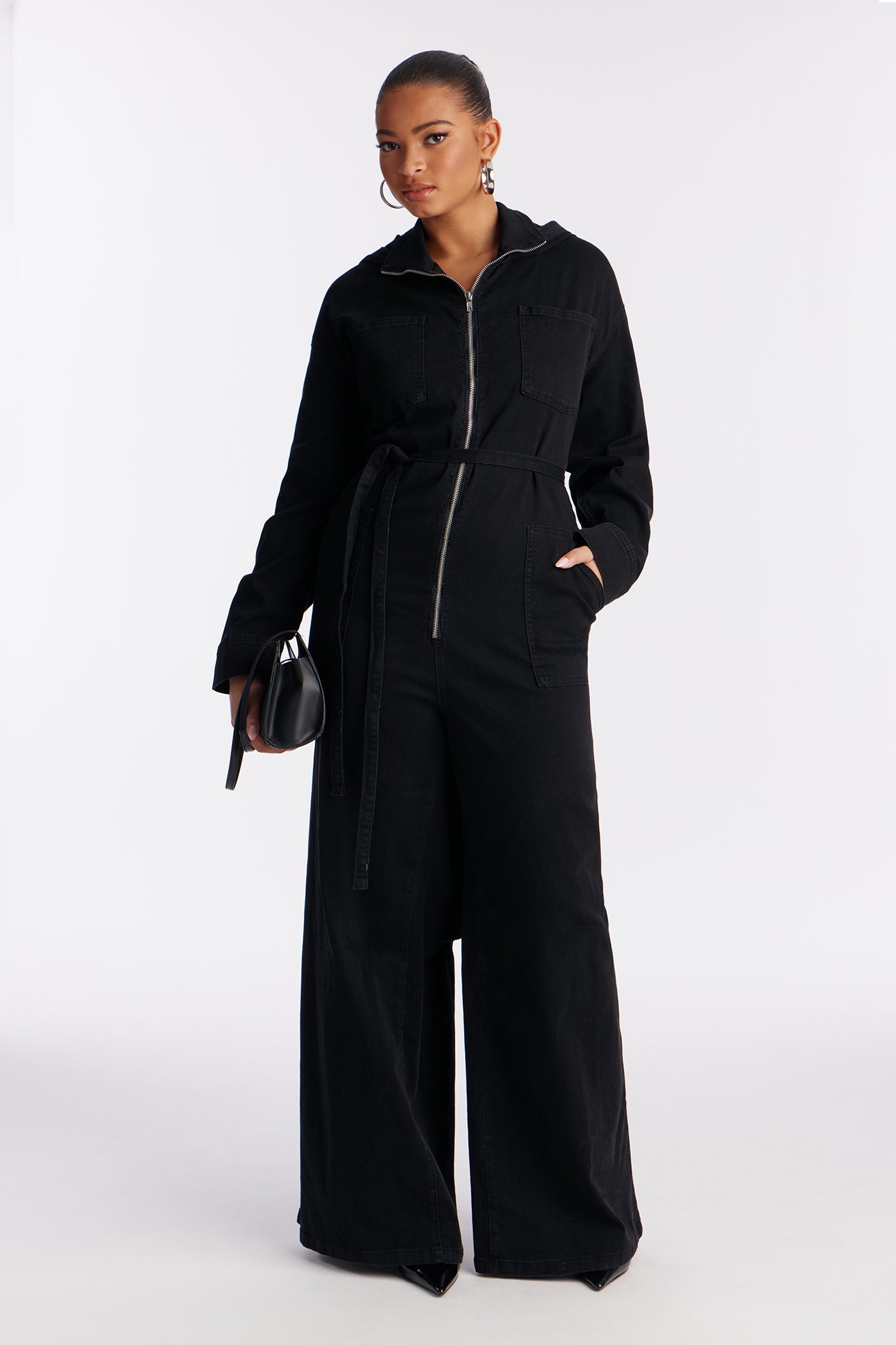 Mya Cinched Waist Hooded Denim Jumpsuit - Black