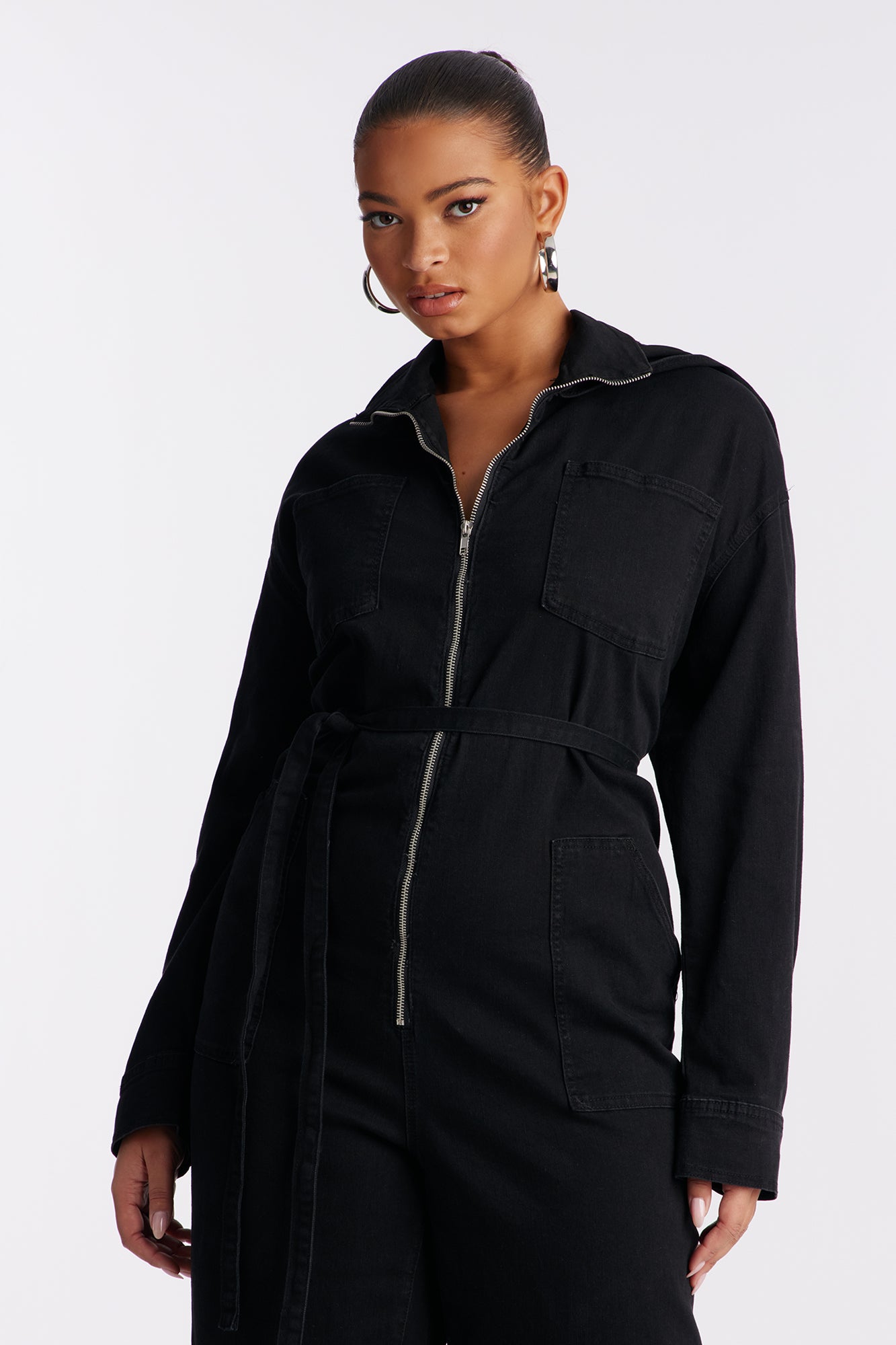 Mya Cinched Waist Hooded Denim Jumpsuit - Black