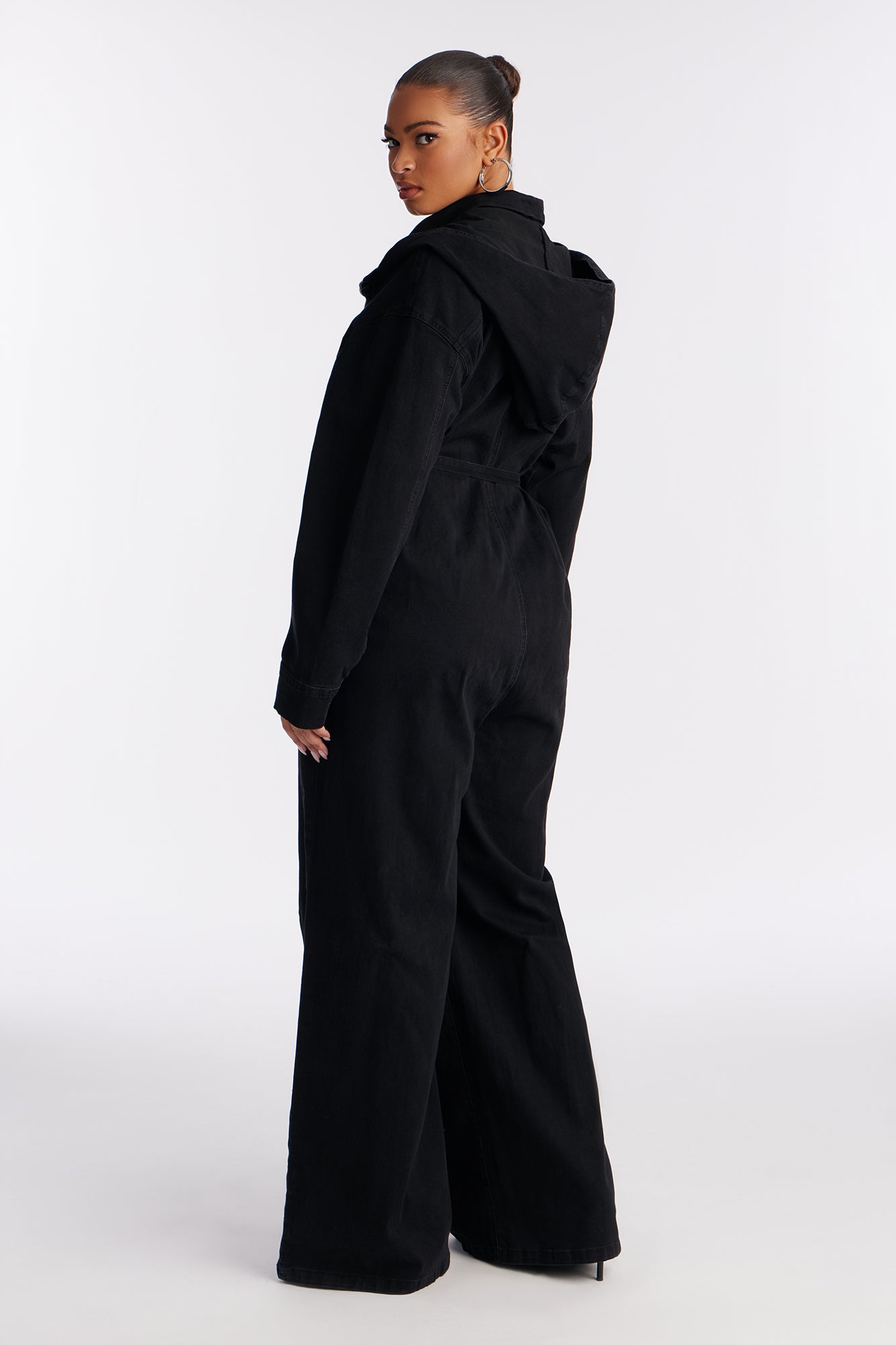 Mya Cinched Waist Hooded Denim Jumpsuit - Black