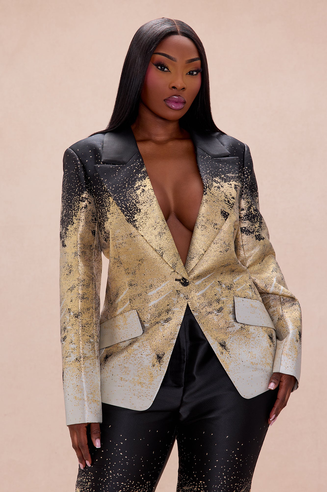 Esparza Metallic Blazer Pant Set - Gold/combo