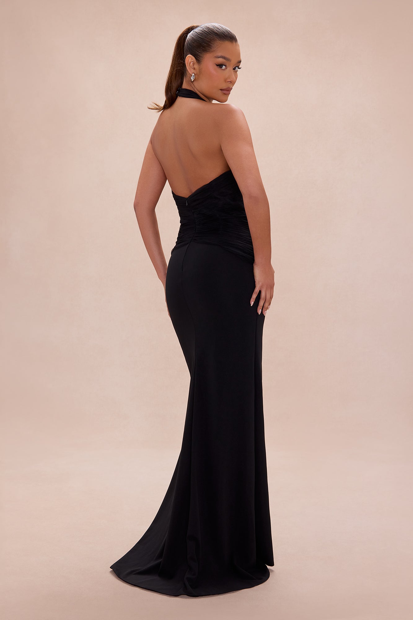 Madeline Ruched Halter Maxi Dress - Black