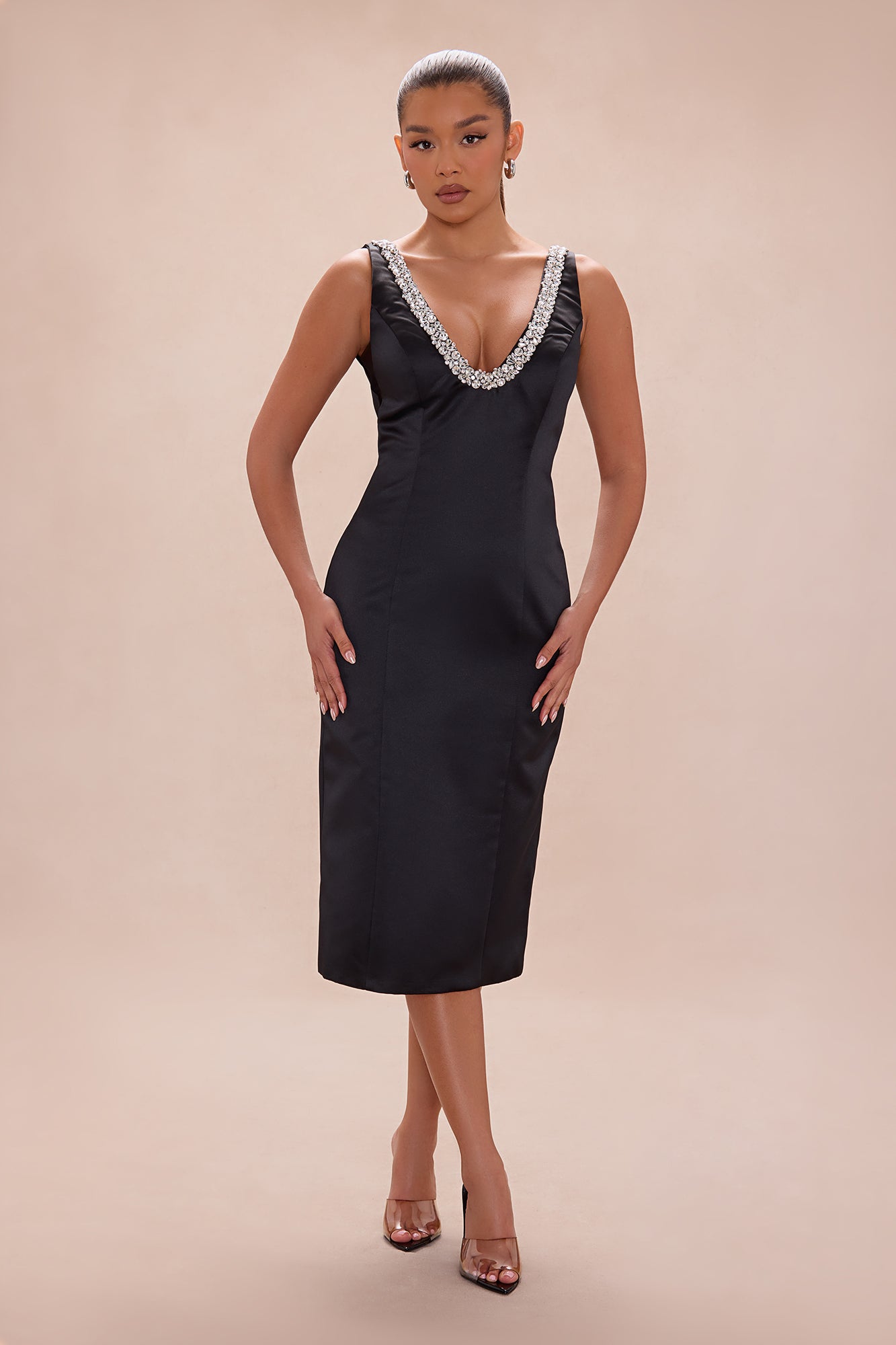 Mariah Rhinestone Satin Midi Dress - Black