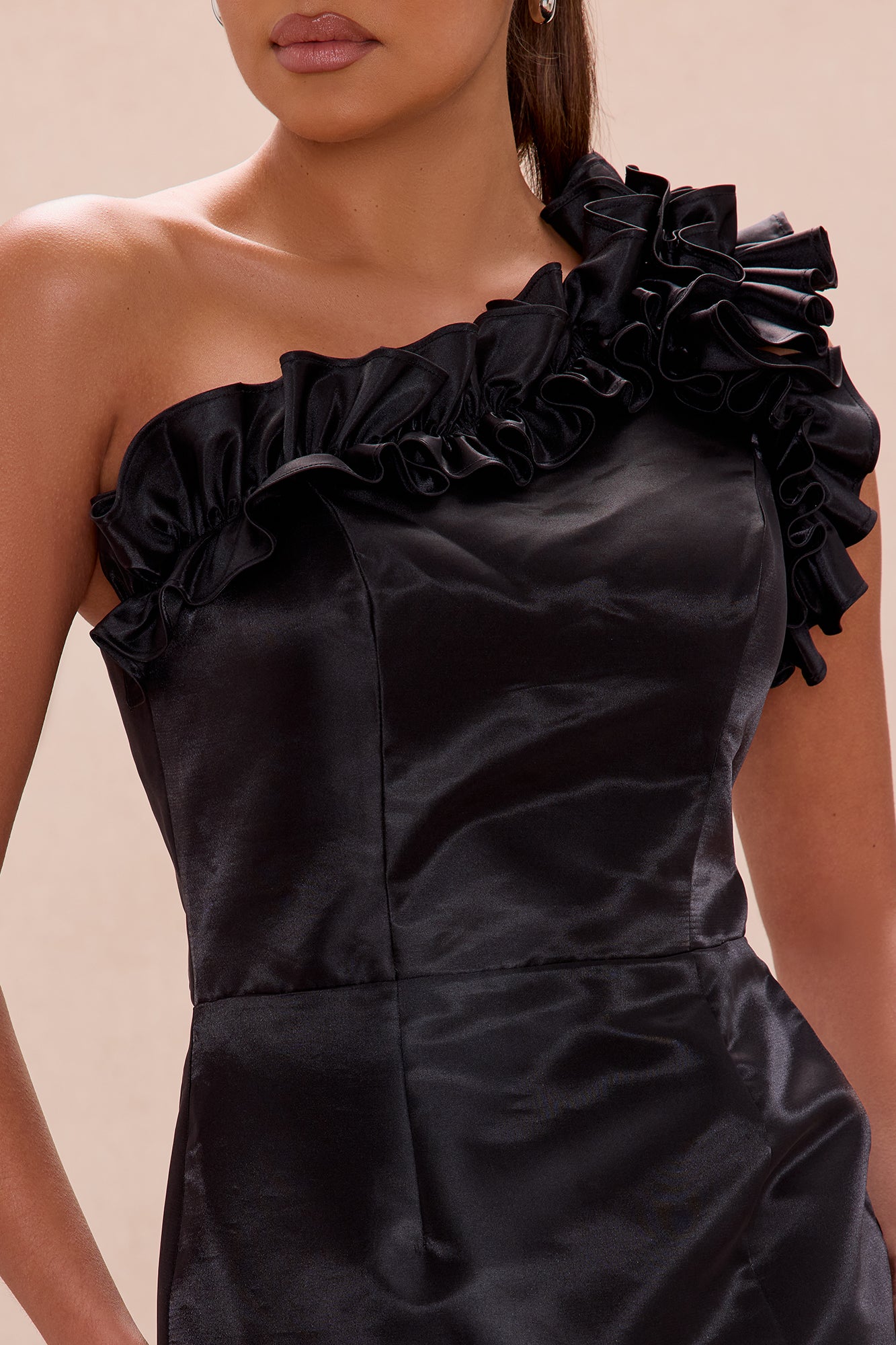 Taylor One Shoulder Ruffle Midi Dress - Black