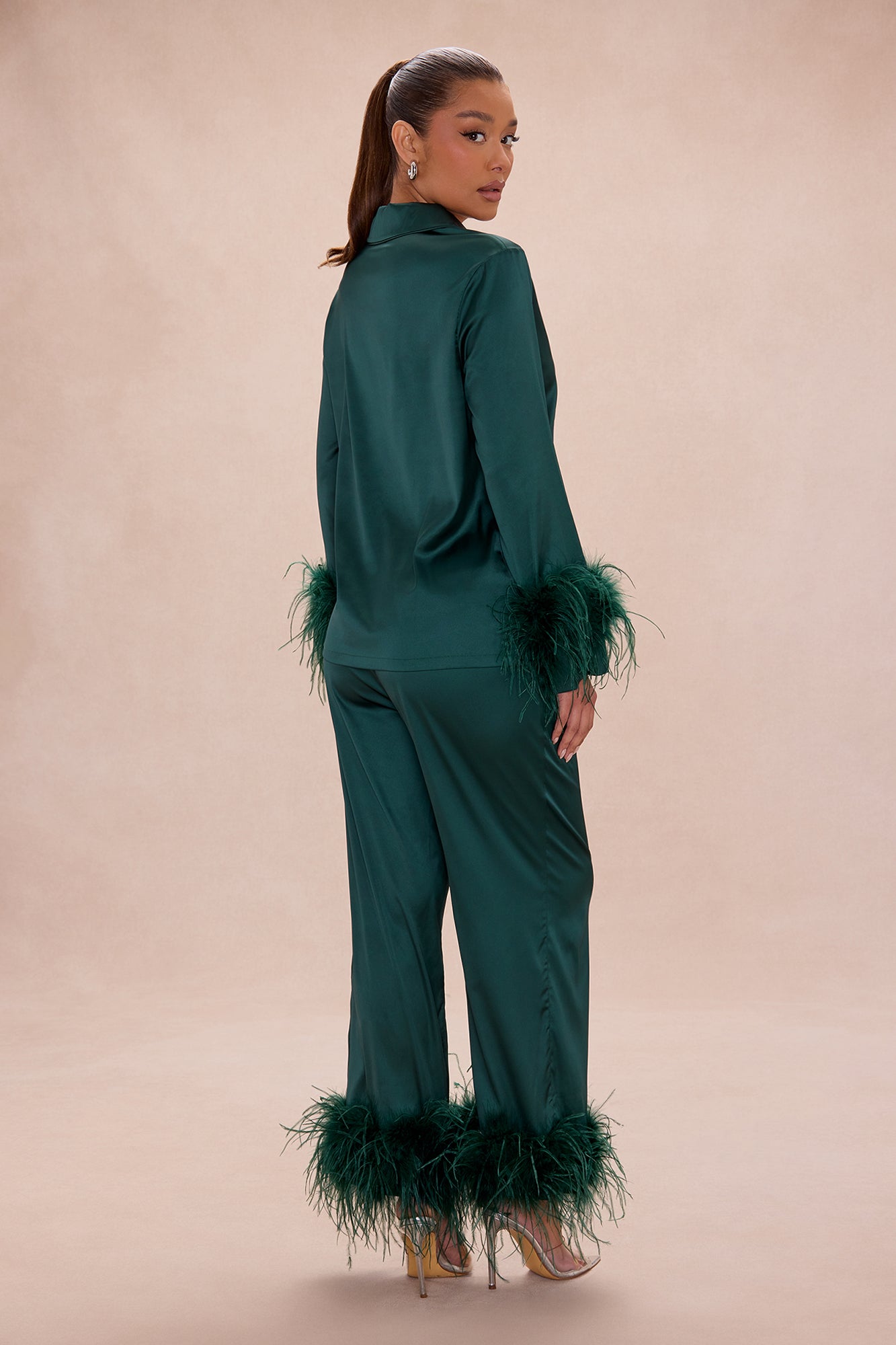 Alexandra Feathered Satin Pant Set - Hunter
