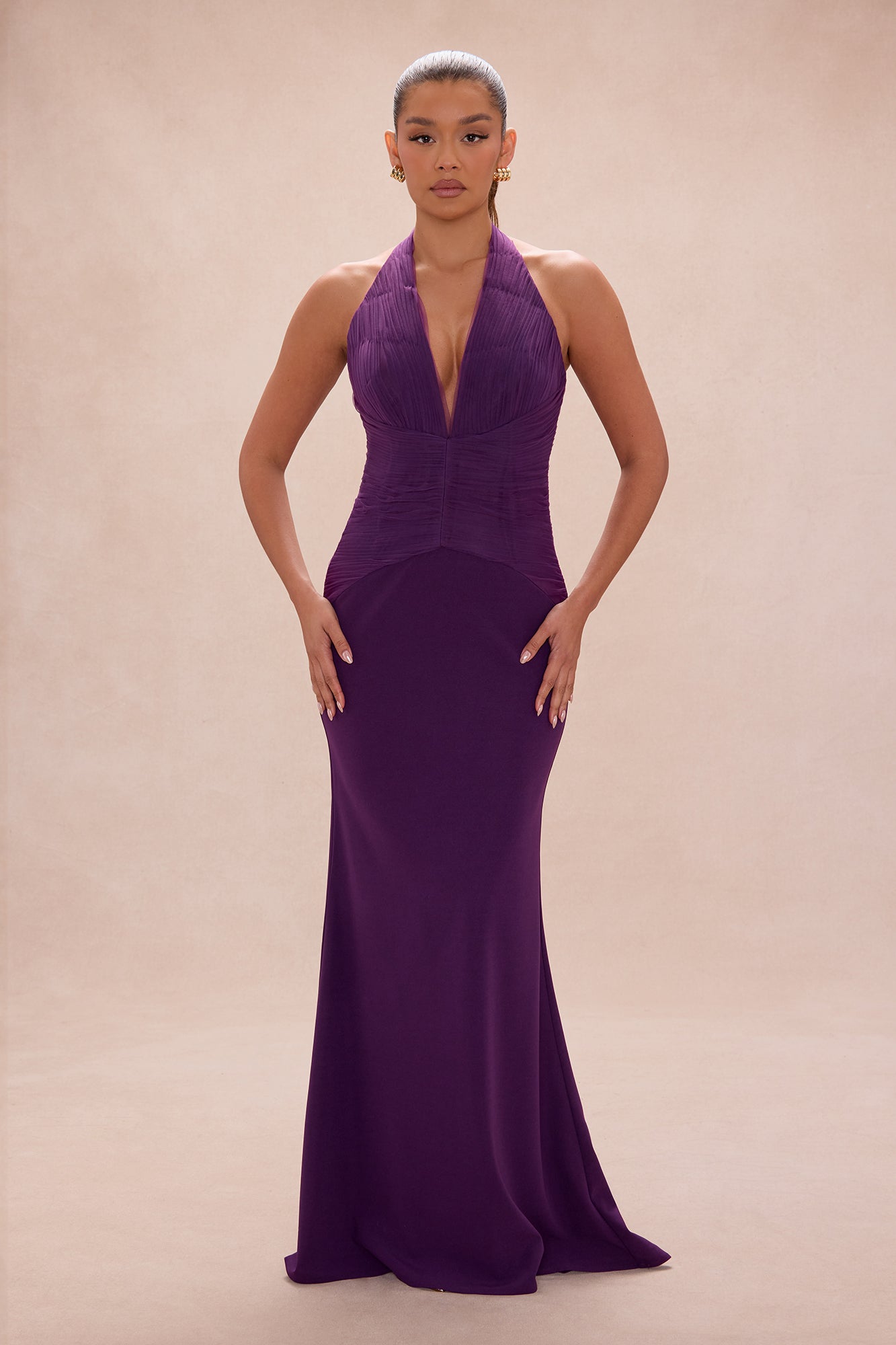Madeline Ruched Halter Maxi Dress - Plum
