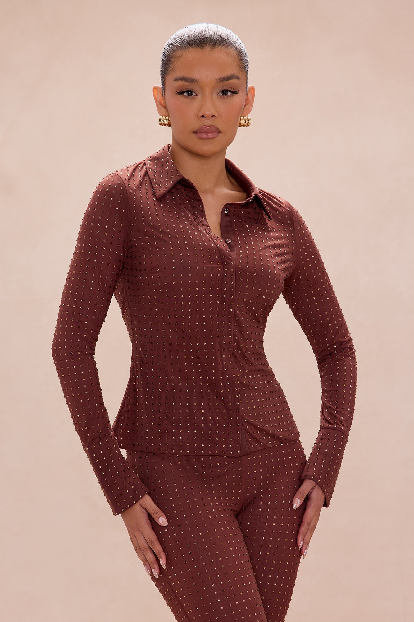 Gabrielle Rhinestone Mesh Pant Set - Chocolate