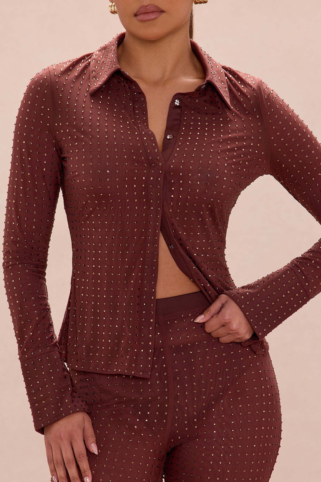Gabrielle Rhinestone Mesh Pant Set - Chocolate