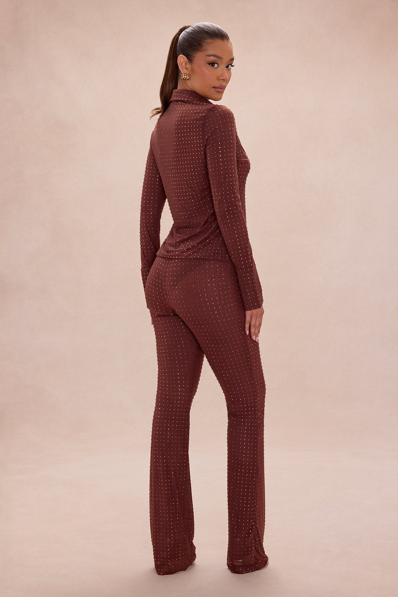 Gabrielle Rhinestone Mesh Pant Set - Chocolate