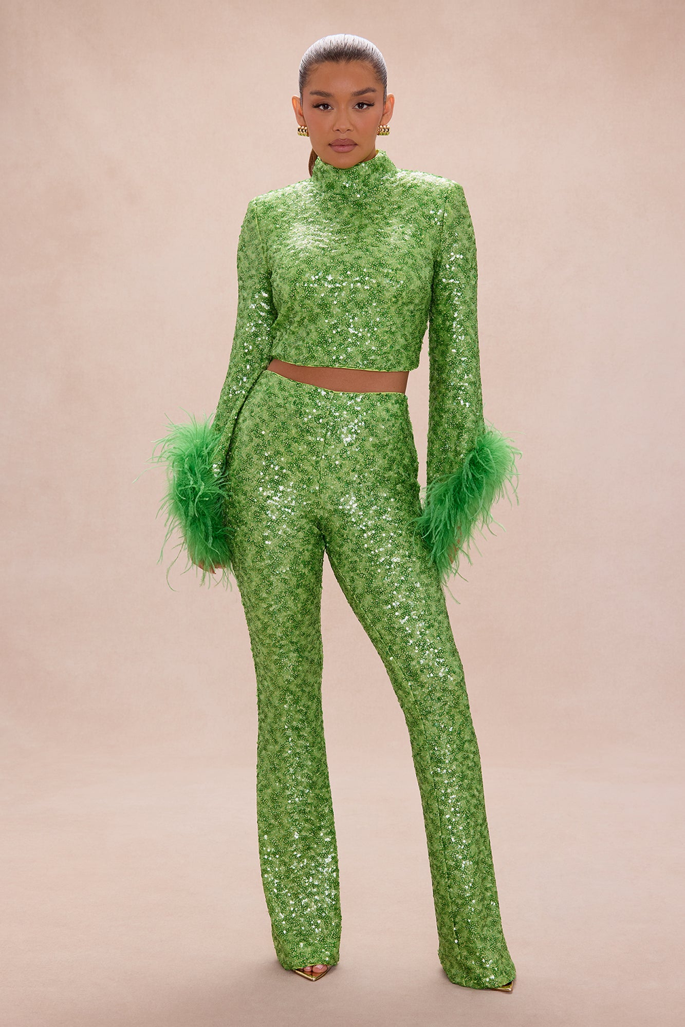 Opal Dreams Feathered Sequin Pant Set - Green