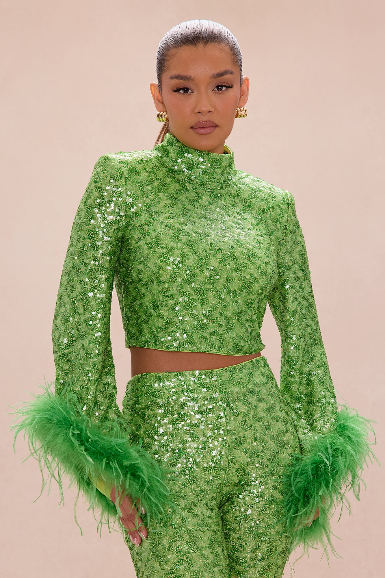 Opal Dreams Feathered Sequin Pant Set - Green