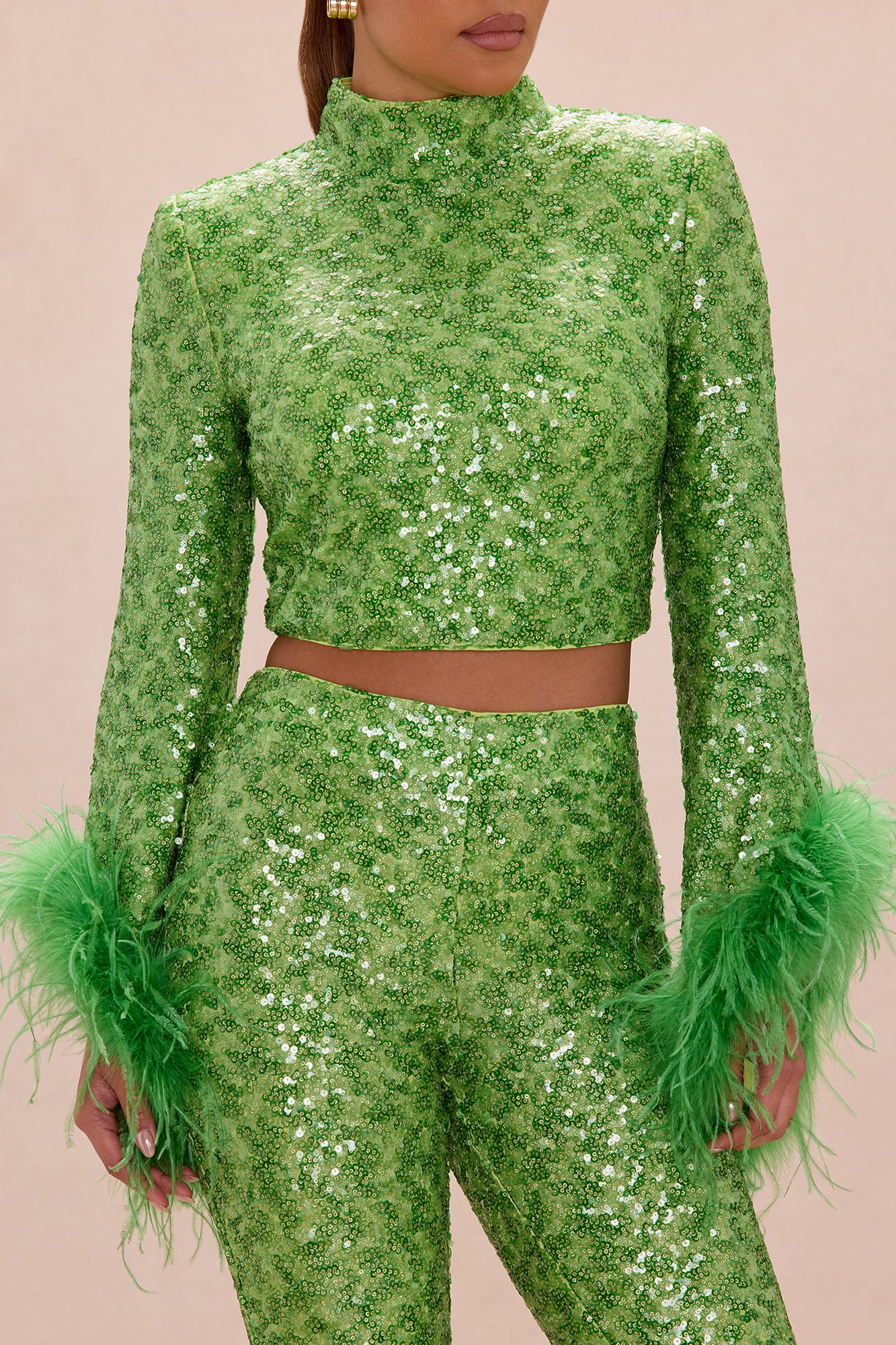 Opal Dreams Feathered Sequin Pant Set - Green