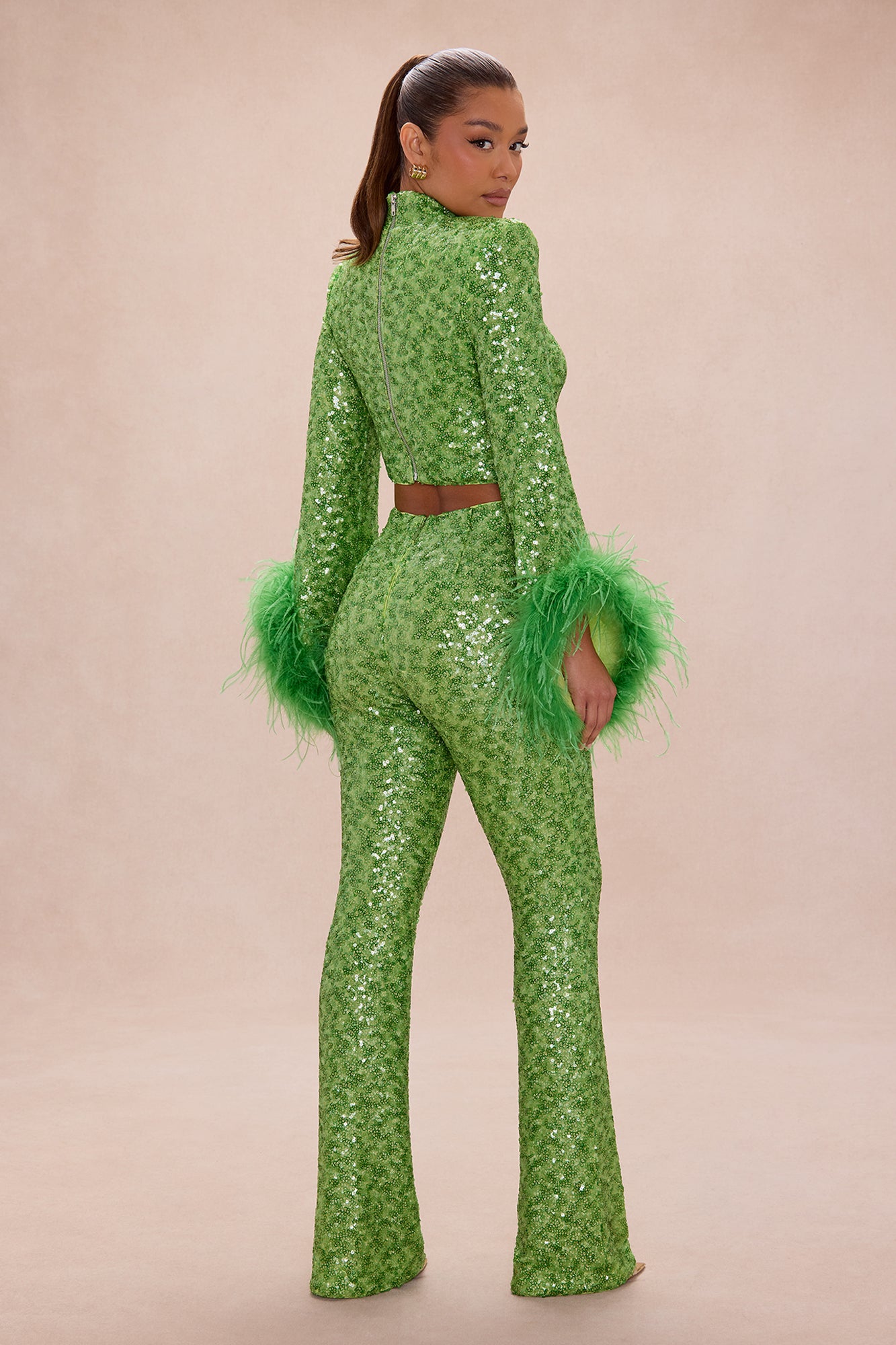 Opal Dreams Feathered Sequin Pant Set - Green