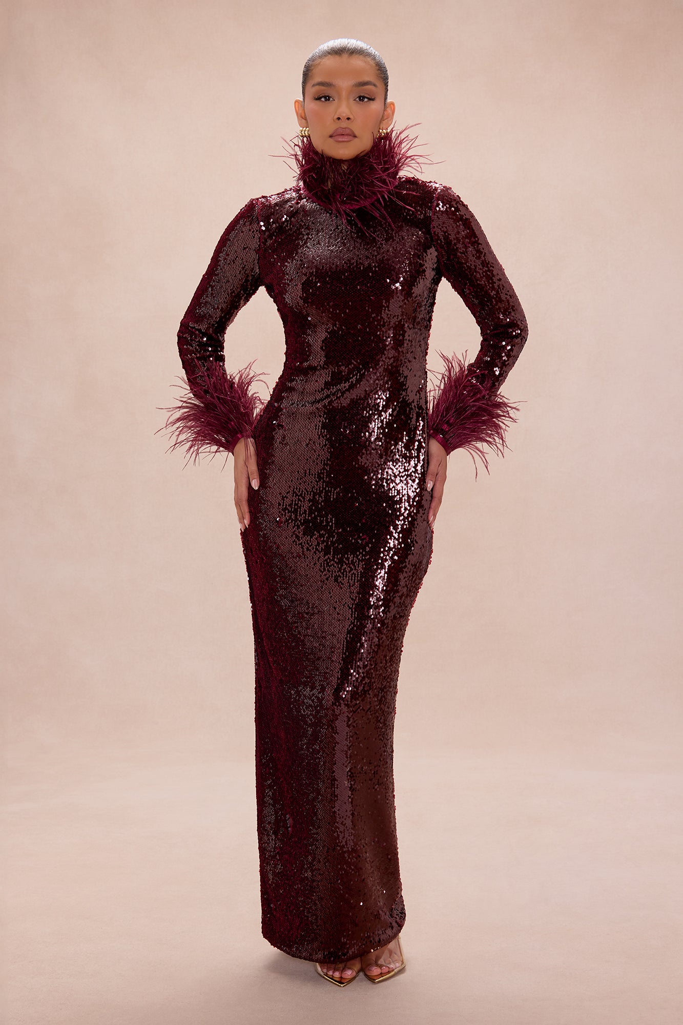 Robyn Sequin Feathered Maxi Dress - Burgundy
