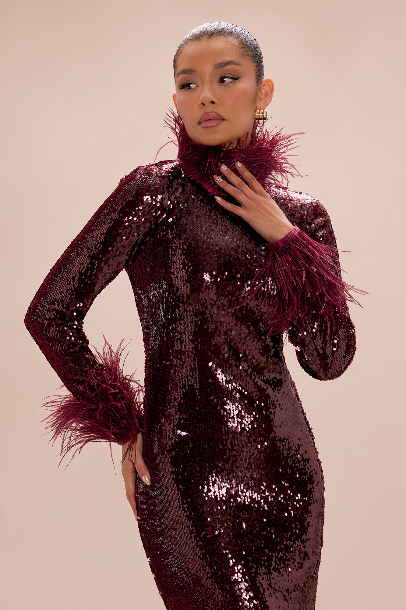 Robyn Sequin Feathered Maxi Dress - Burgundy