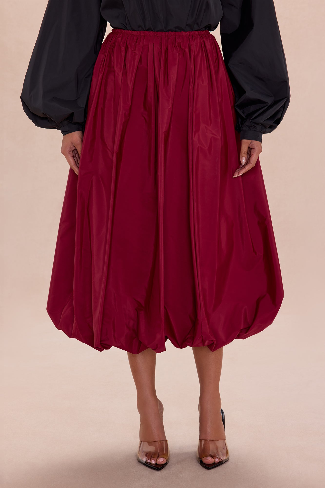 Estelle Bubble Hem Taffeta Midi Skirt - Burgundy