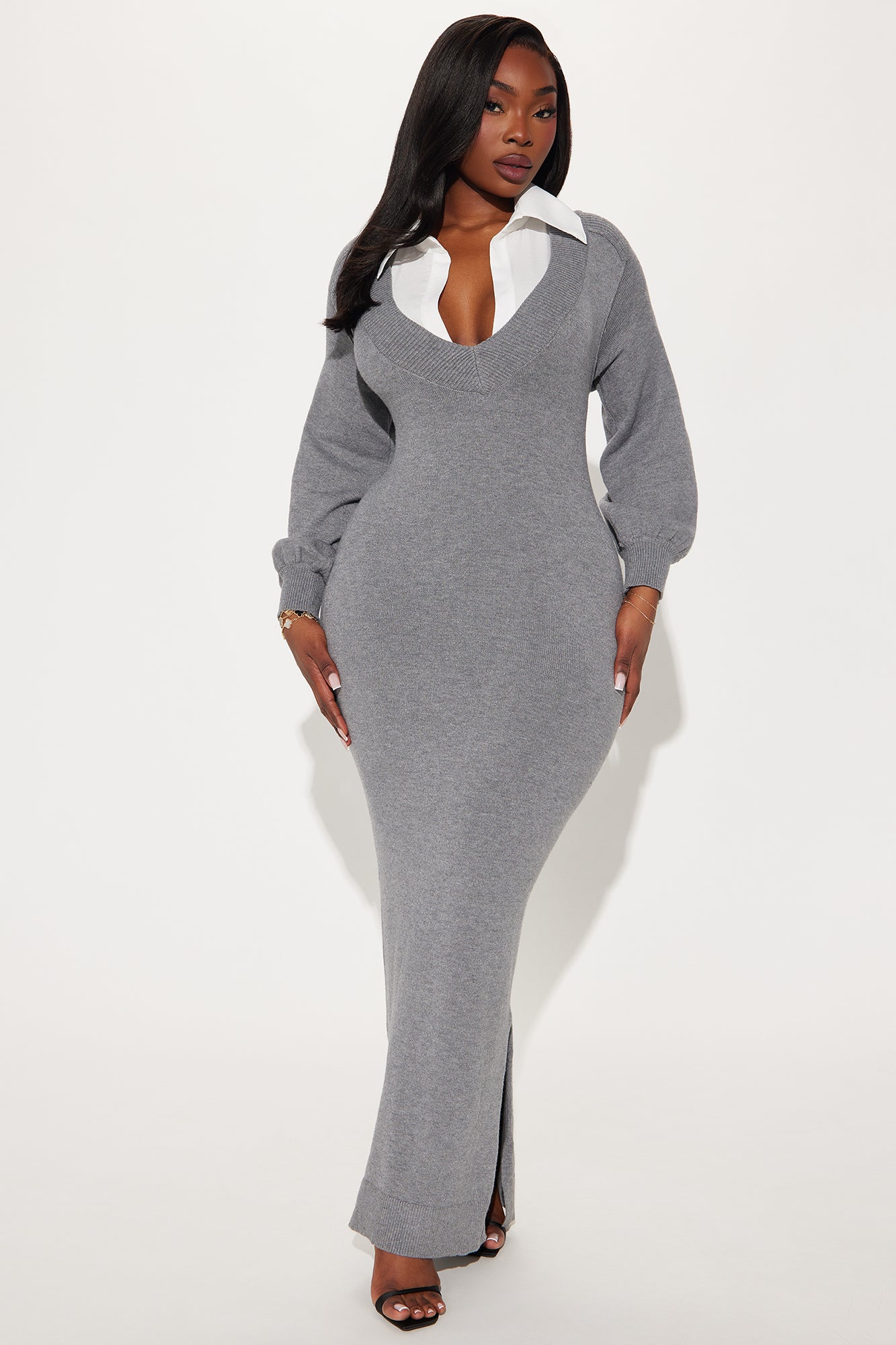 Bailey Collared Sweater Maxi Dress - Charcoal