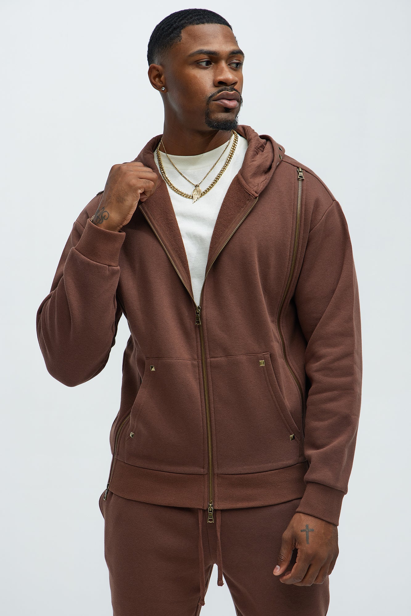Tayson Sleaze Studded Zip Up Hoodie - Brown
