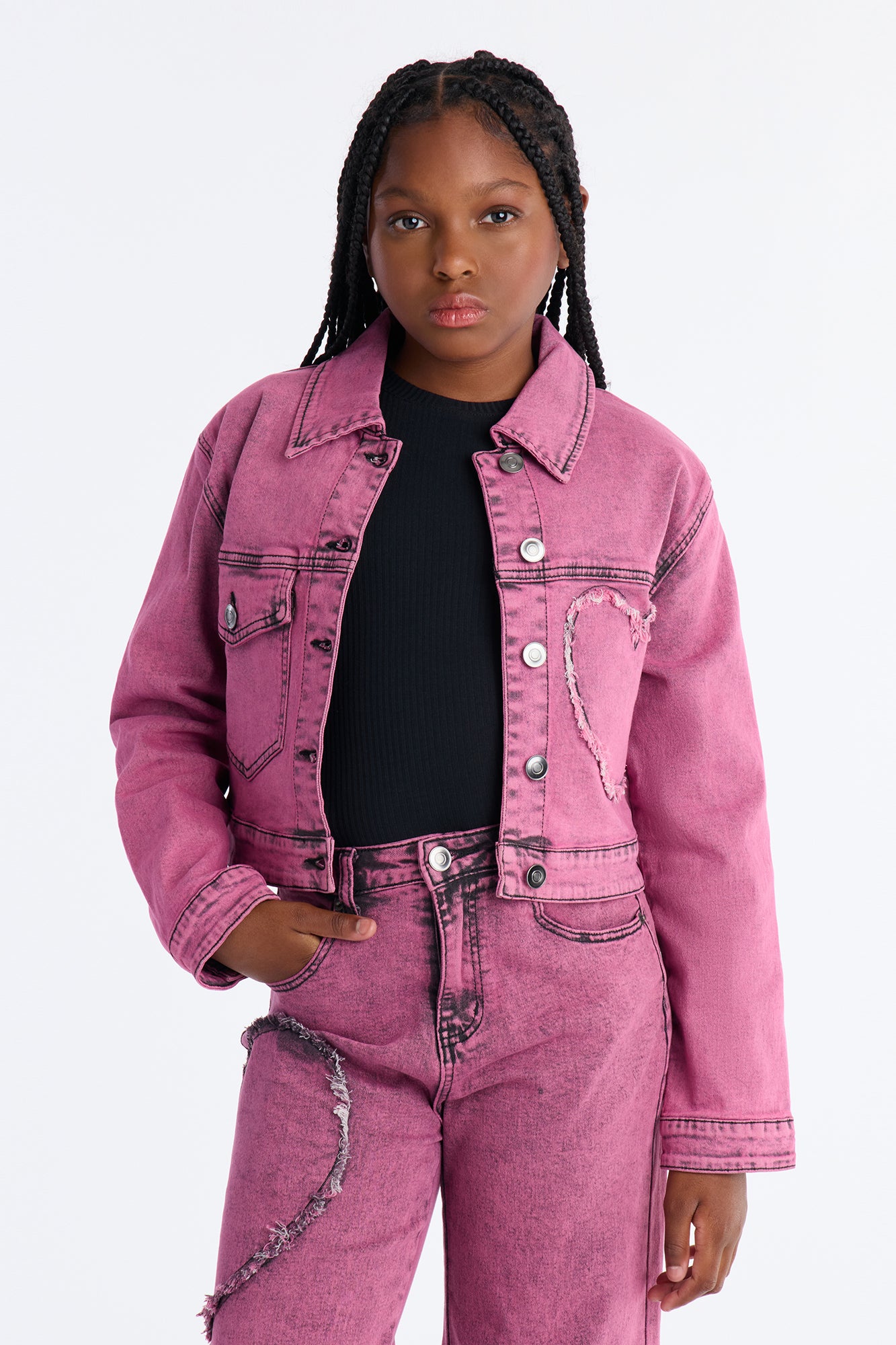 Mini Don't Play With My Heart Cropped Denim Jacket - Hot Pink