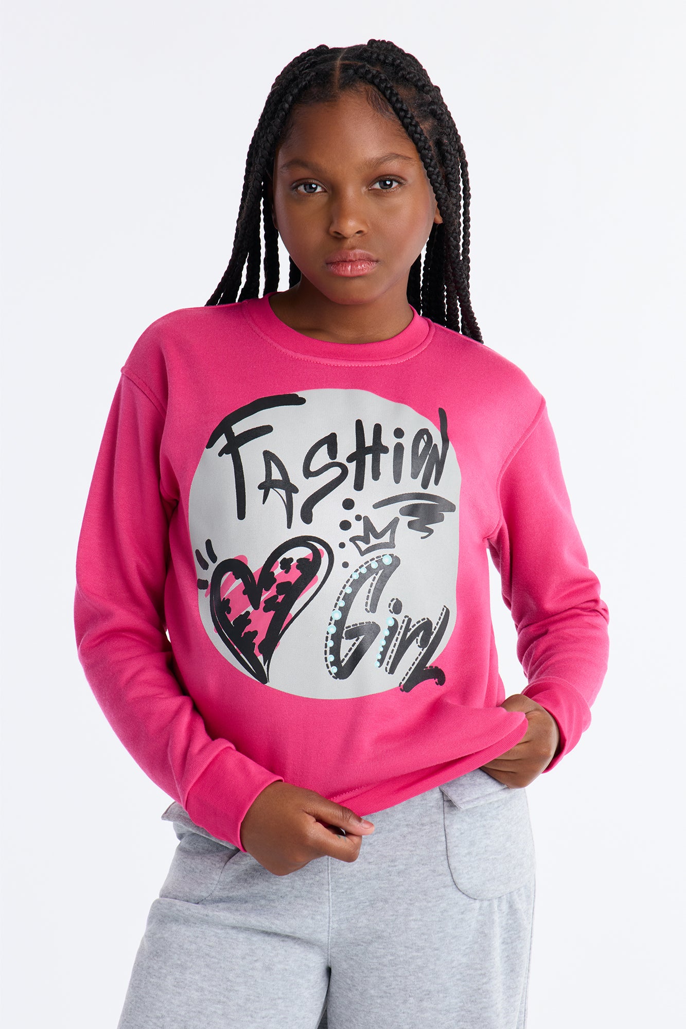 Mini Fashion Girl Crew Neck Sweatshirt - Hot Pink