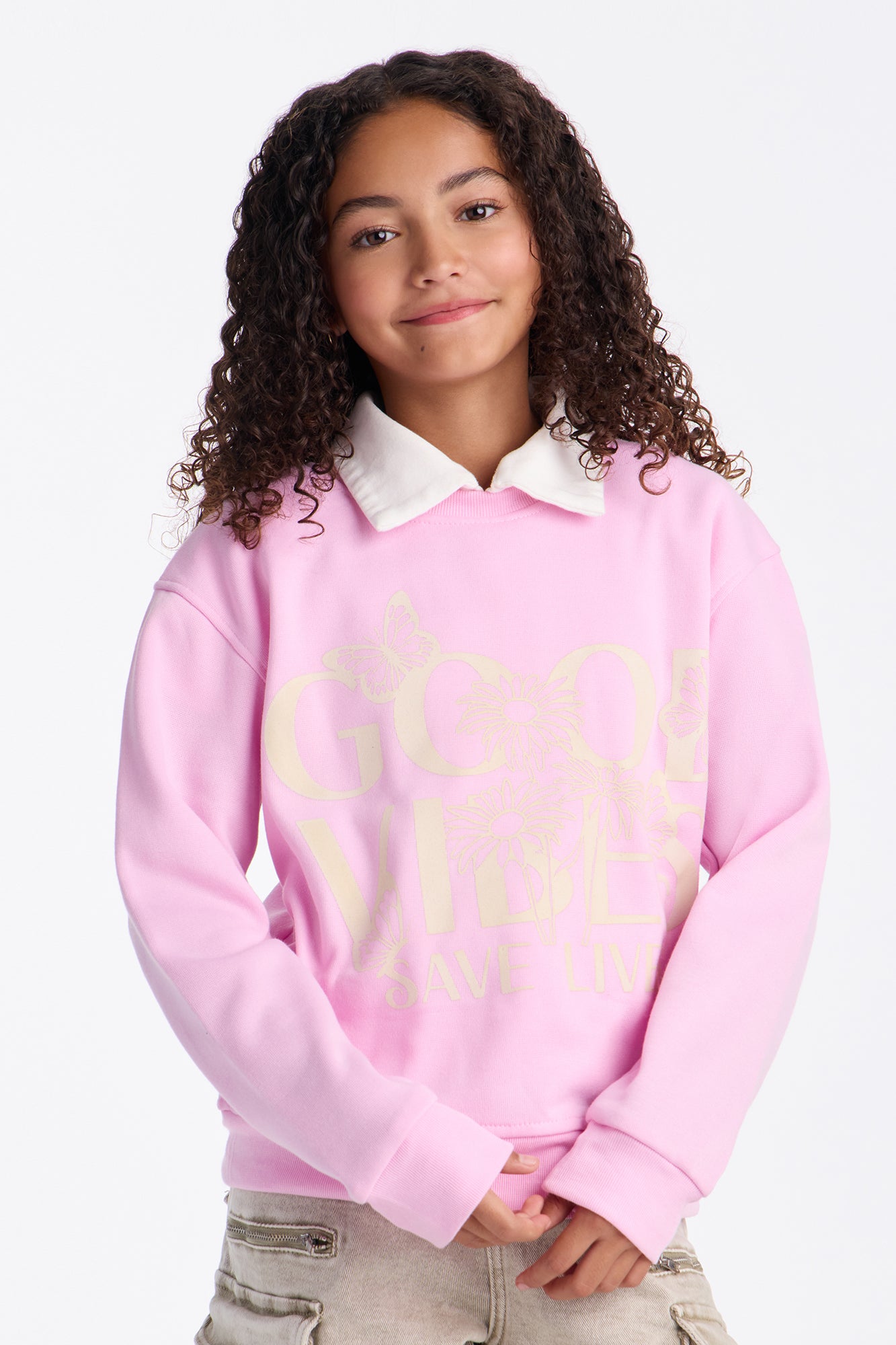 Mini Good Vibes Save Lives Crew Neck Sweatshirt - Light Pink