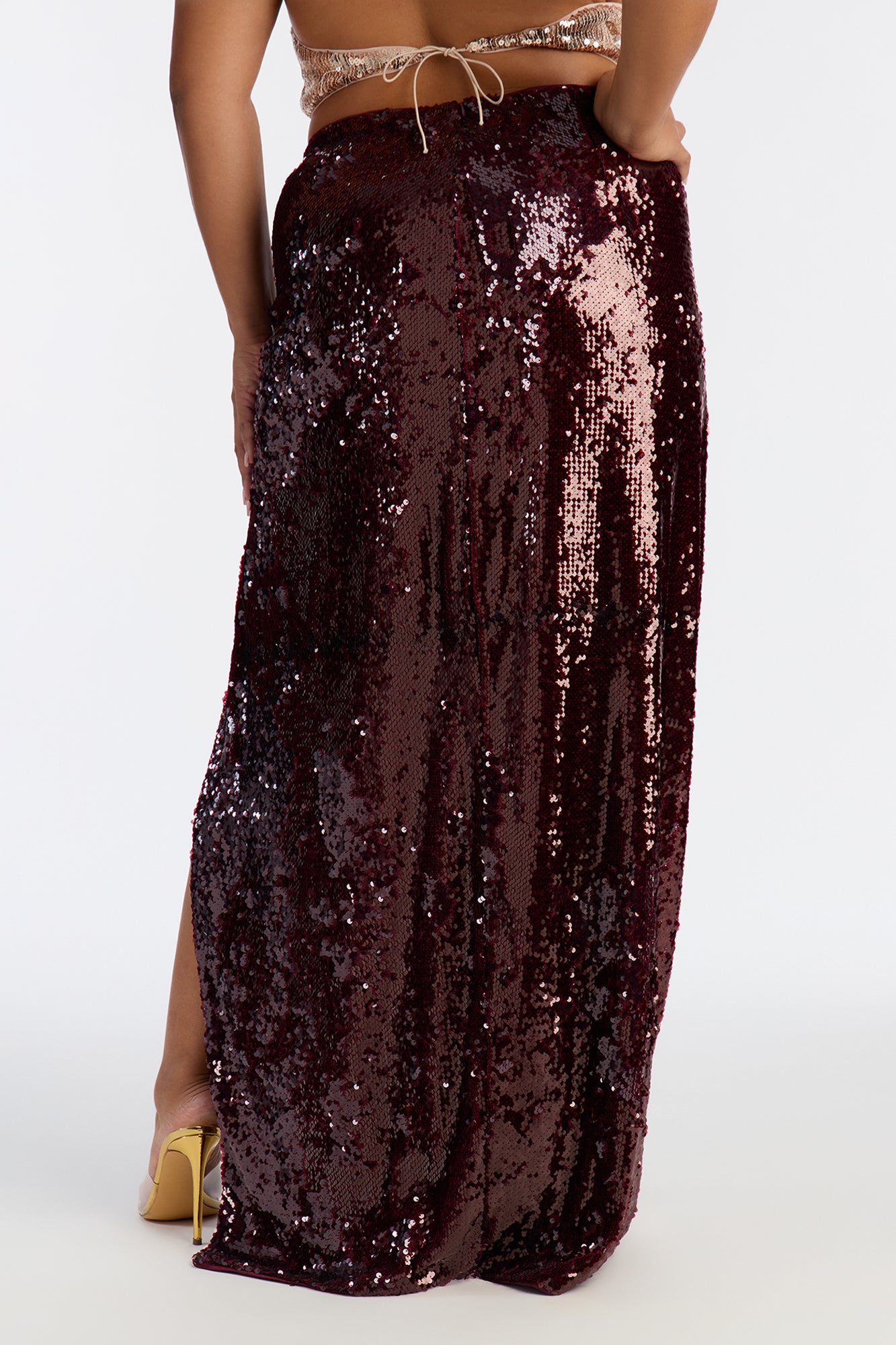 Showing Out Sequin Slit Maxi Skirt - Burgundy