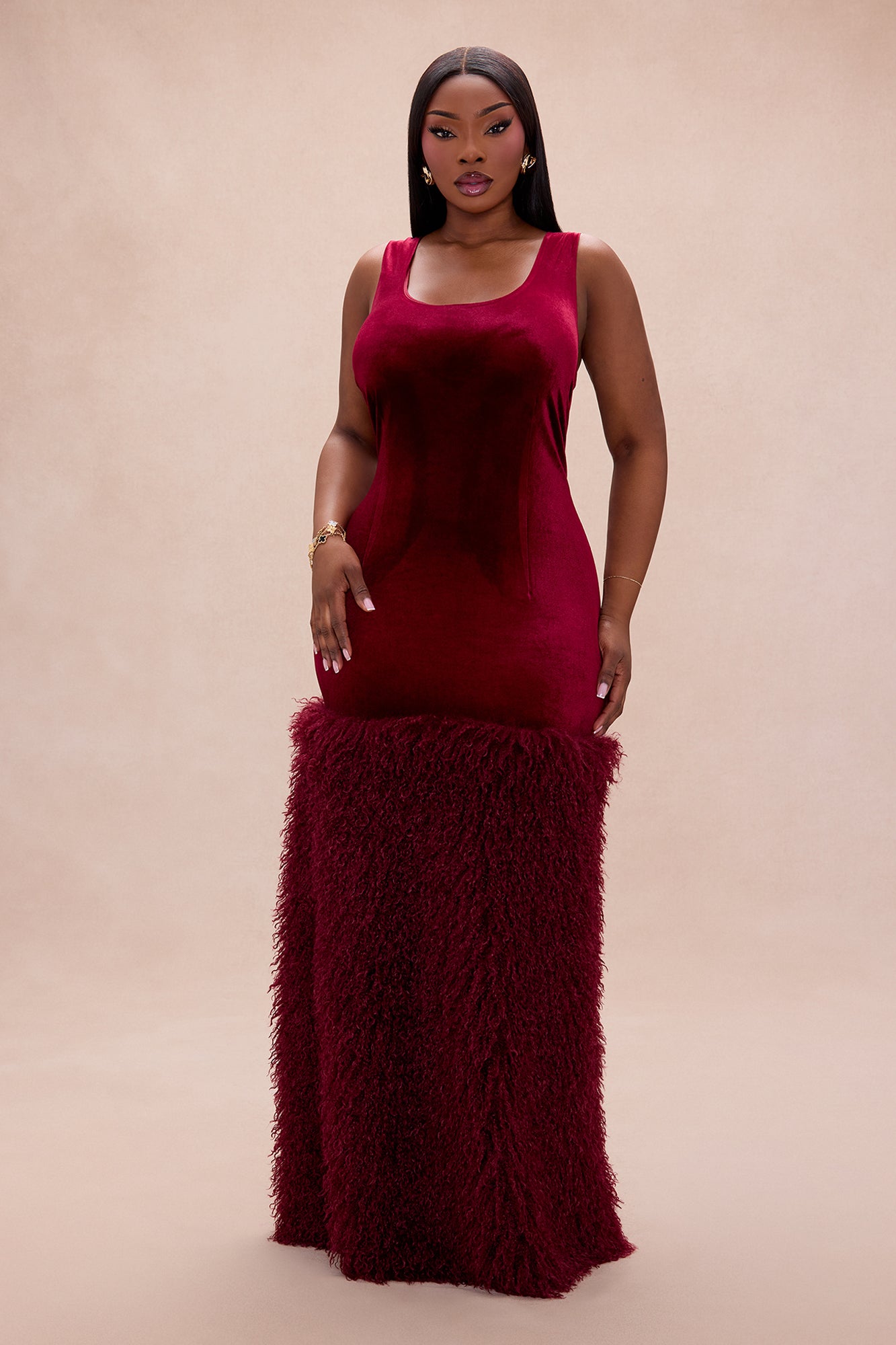 Star Studded Velvet Maxi Dress - Burgundy