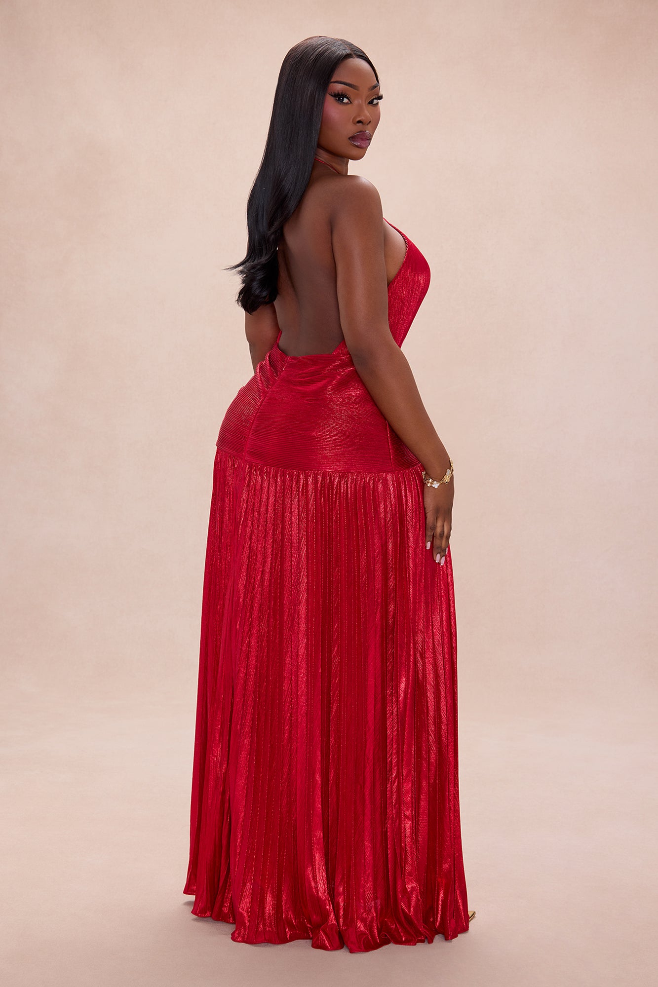Leading Lady Backless Metallic Maxi Dress - Red